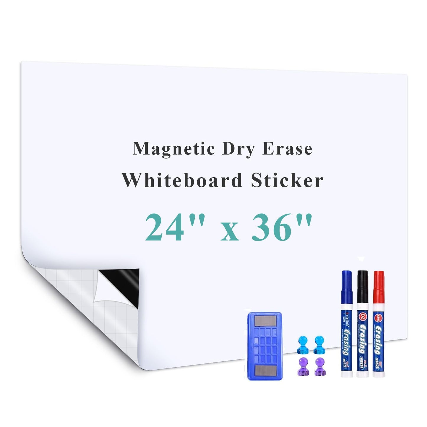 Warasee White Board Adhesive Contact Paper, 24" x 36" Stick on Magnetic Whiteboard Roll, Dry Erase Board for Wall, Easy to Write and Clean Magnetic Board for Kids, Office, Home, with Marker, Eraser