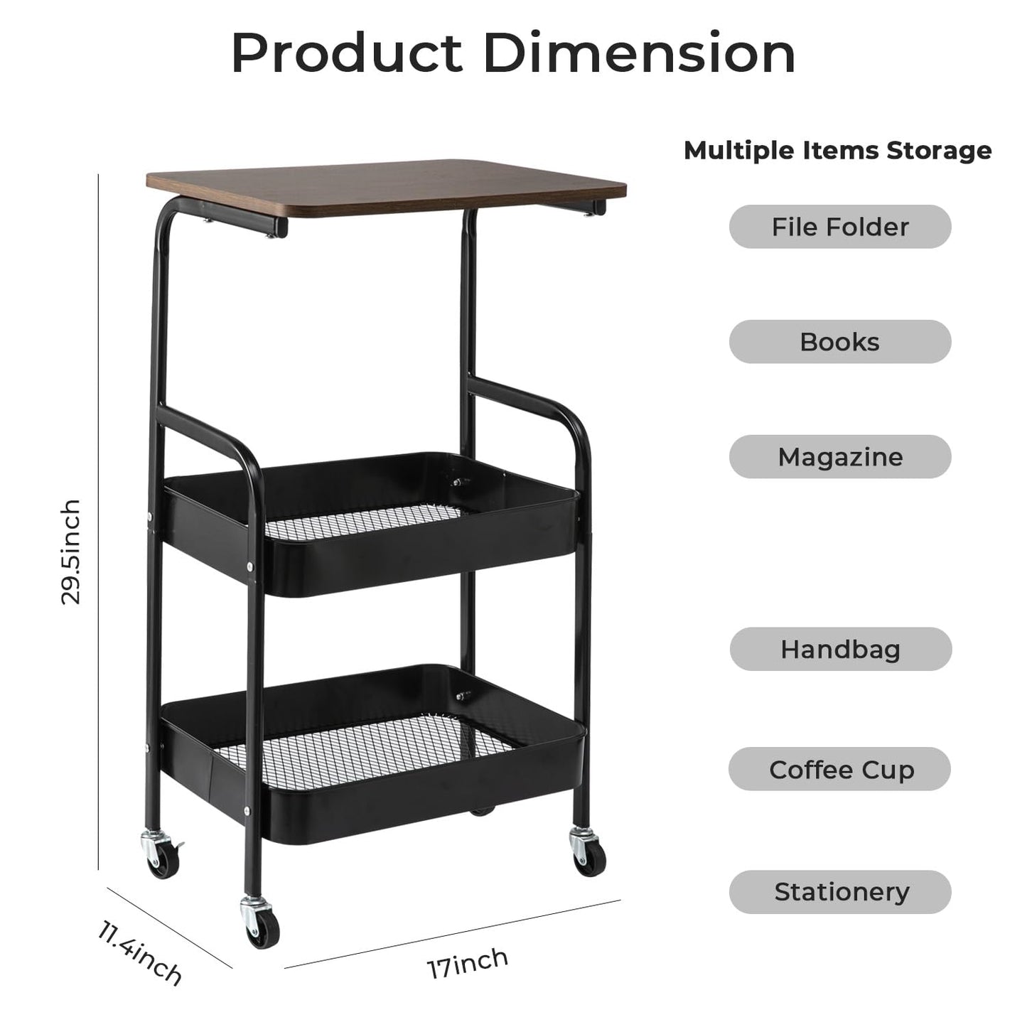 Beramon 3-Tier Metal Rolling Utility Cart with Wooden Tabletop, Mobile Storage Organizer with Lockable Wheels for Kitchen, Bathroom & Home