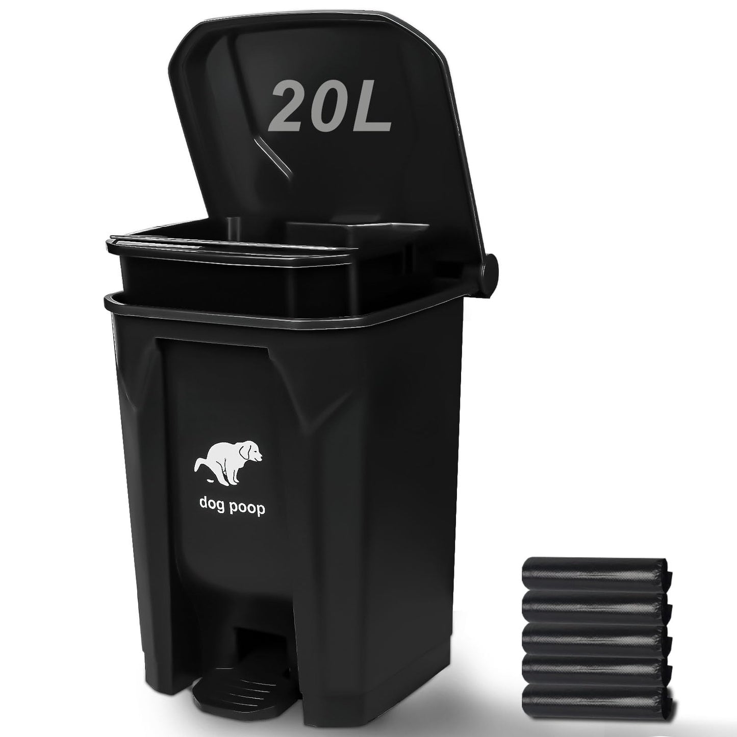 Uppcasir Dog Poop Trash Can Outside, 20L/5Gallon Pedal and Removable Inner Waste Bin, Outdoor Dog Poop Trash Can with 100 Bags, Pet Waste Container for Garden, Black
