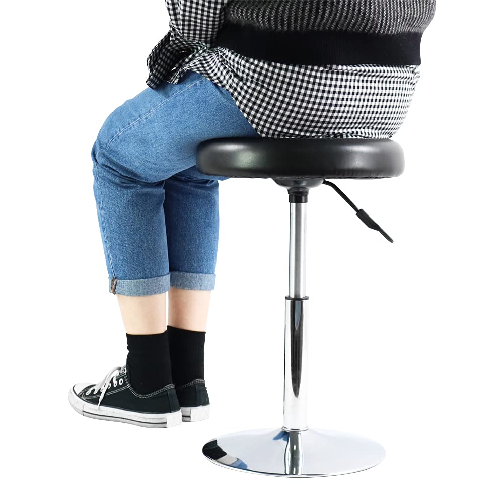 FURWOO Short Round PU Leather Chair - Height Adjustable Counter Stool With Step - Office and Vanity Seat - Small Black