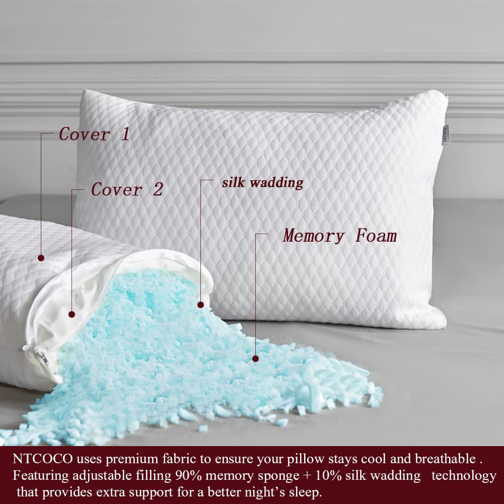 NTCOCO Shredded Memory Foam Bed Pillows for Sleeping King Size 2 Pack, with Washable Removable Hypoallergenic Sleep Pillow for Back and Side Sleeper
