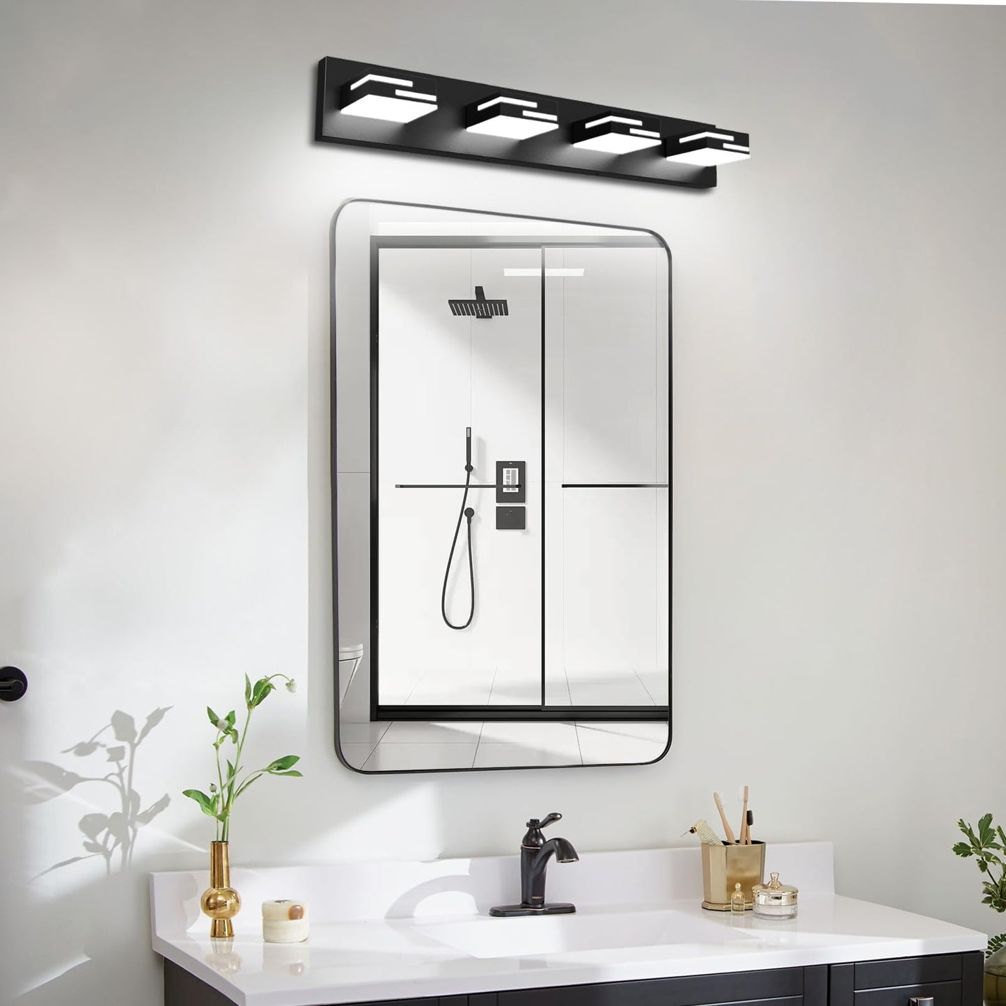 LKHF LED Modern Bathroom Vanity Light Fixtures, Dimmable Matte Black Vanity Lights for Bathroom Lighting Fixtures Over Mirror, with 360° Rotatable Acrylic Heads 4-Light 28-inch (Cool White 6000K)
