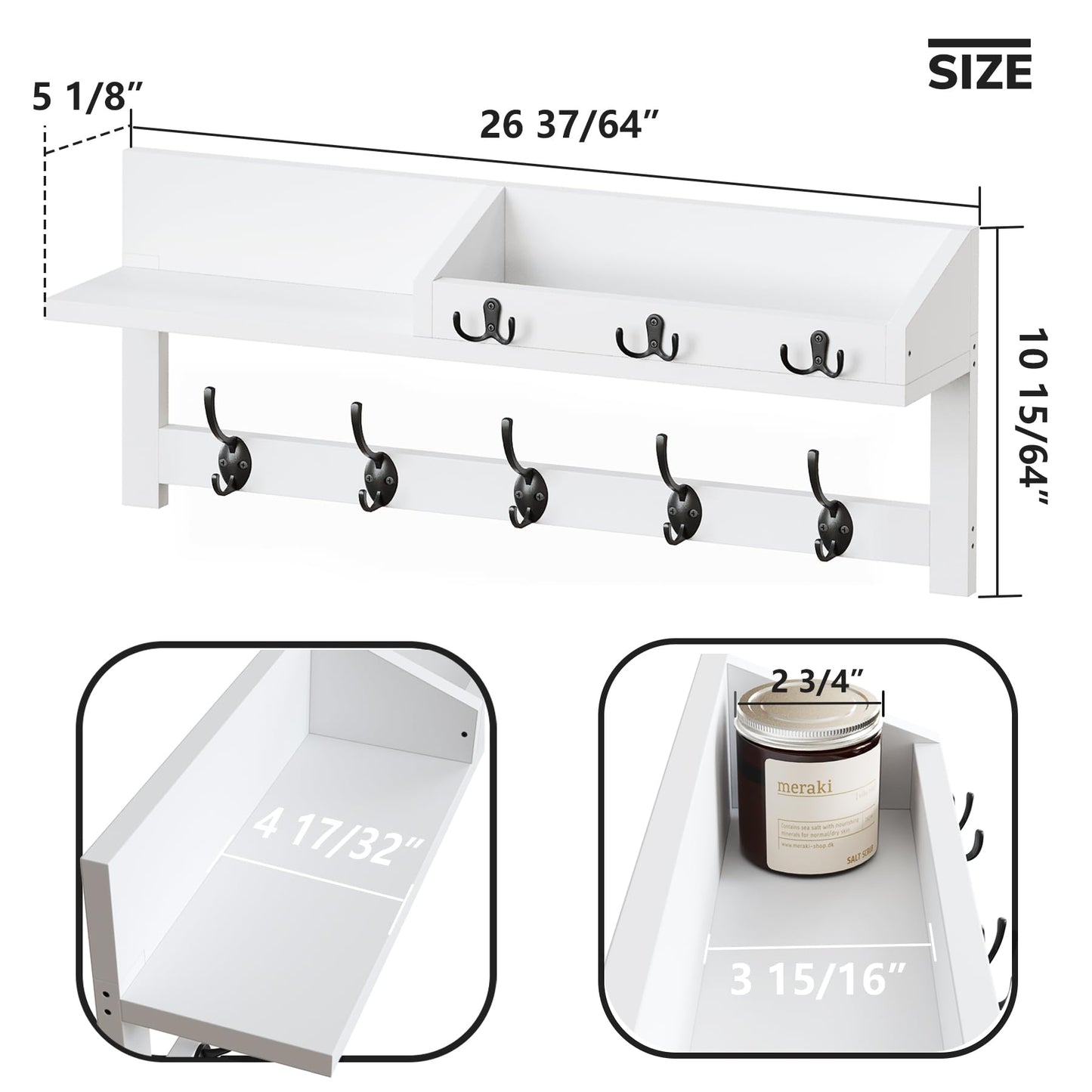 AMBIRD Wall Hooks with Shelf, 26.57 Inch Entryway Wood Coat Hooks for Wall, Coat Rack Wall Mount with 5 Dual Hooks 3 Key Hooks Mail Organizer and Key Rack Holder (White)