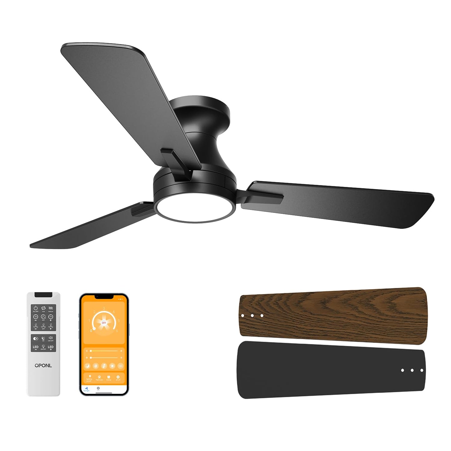 OPONL 42 Inch Black Ceiling Fan with Light, Remote Control, Noiseless, Reversible, 6CCT, Dimmable, Timeable, Metal Housing Ceiling Fans with Lights for Bedroom, Indoor/Outdoor Use