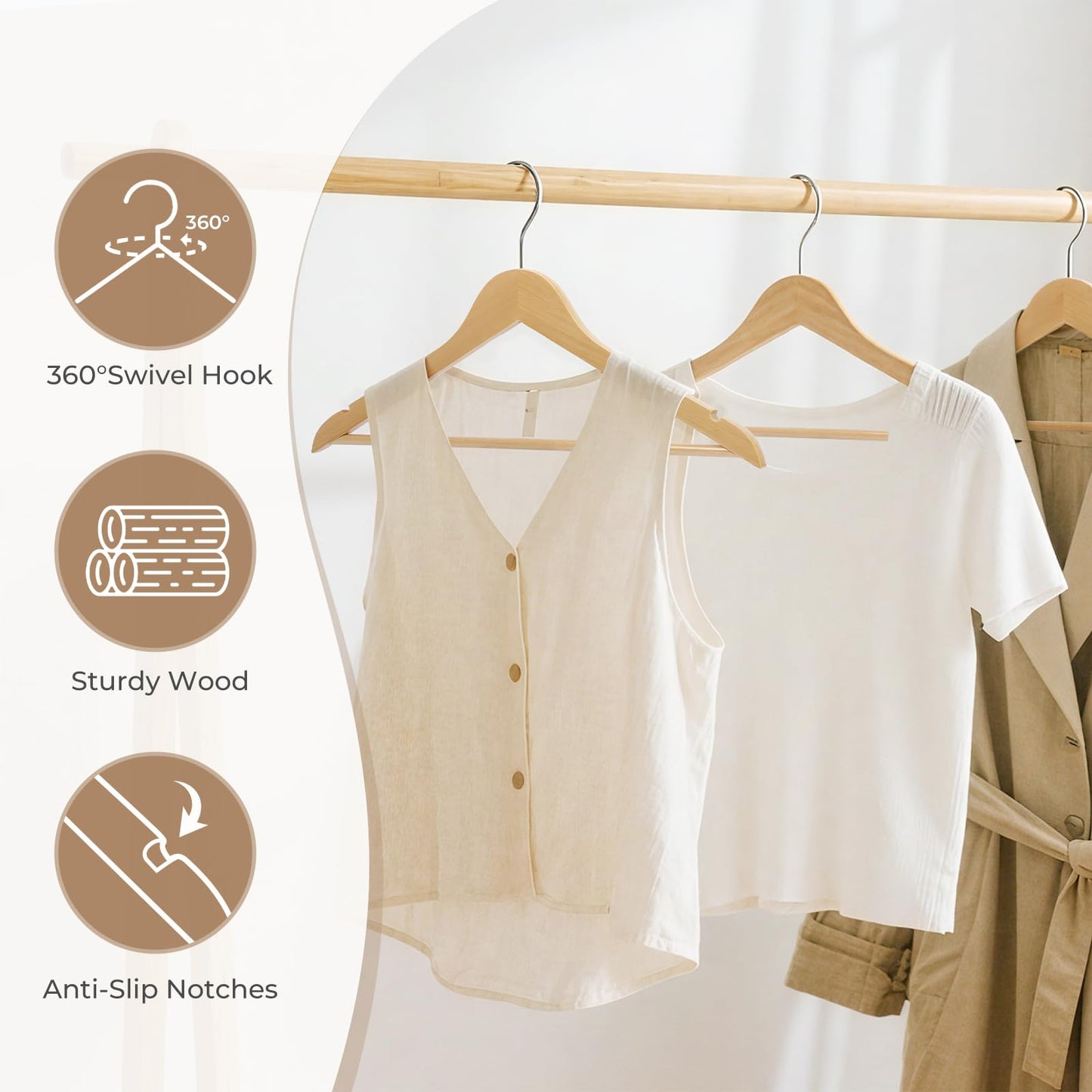Liyarya 50 Pcs Wooden Hangers, Smooth Finish Wood Hangers with Non-Slip Shoulder Notches, 360° Swivel Hooks, Heavy Duty Clothing Rack for Coats, Suits, Jackets, Shirts - Natural