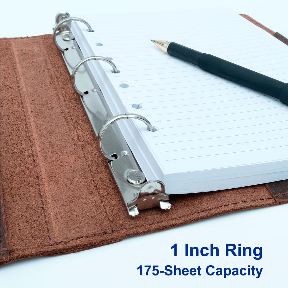 Fan&Ran Lined Leather Journal, 100 Sheets of College Ruled Paper 5.5"x8.5", 3-Ring Mini Binder, Interior Pockets, Refillable