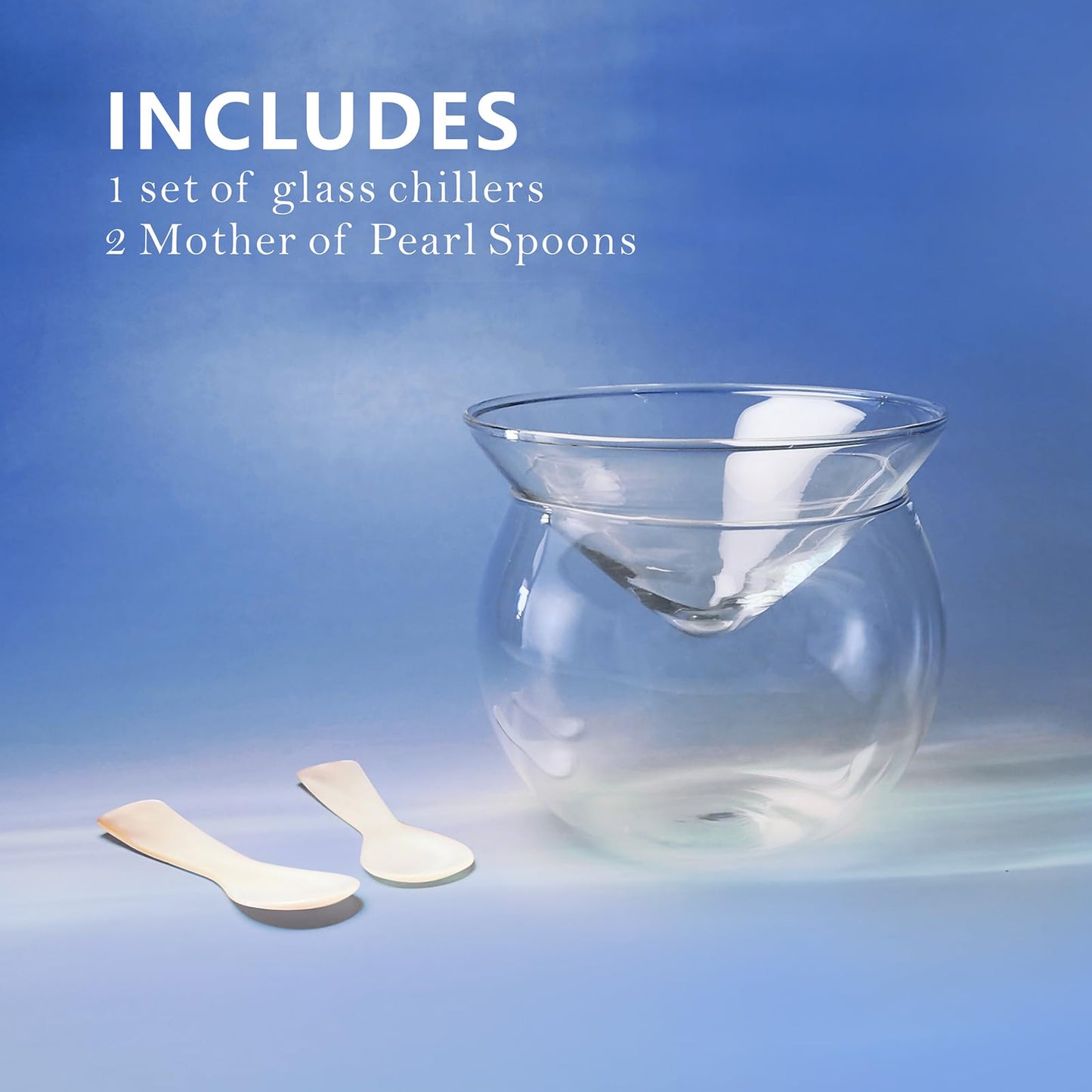 FANQIEW Glass Caviar Serving Set with 2 Pcs Mother of Pearl Spoons Caviar Dish Chiller Server Set with Ice Holder and 3.5 Inch Caviar Spoon for Shrimp Ice Cream Sauce Dishwasher Safe