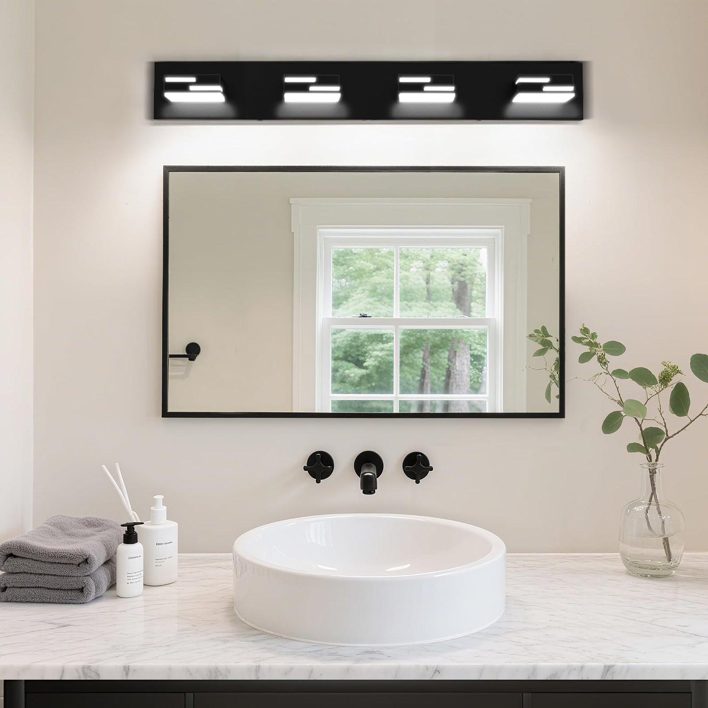 LKHF LED Modern Bathroom Vanity Light Fixtures, Dimmable Matte Black Vanity Lights for Bathroom Lighting Fixtures Over Mirror, with 360° Rotatable Acrylic Heads 4-Light 28-inch (Cool White 6000K)