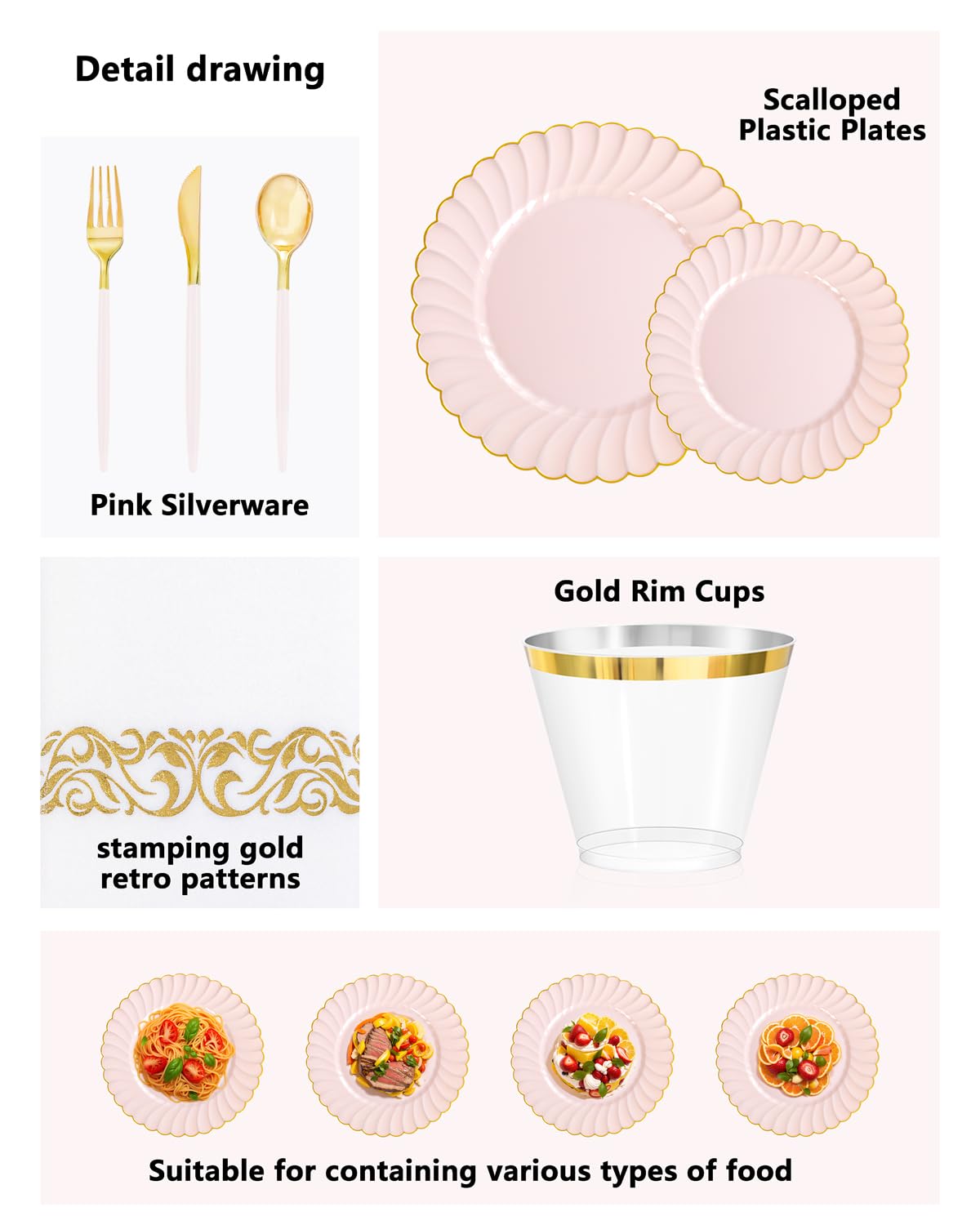Ciaell 175 PCS Pink Scalloped Plastic Plates with Gold Trim - Pink Plastic Silverware with Handle - Fancy High-End Dinnerware Sets for Wedding & Baby Showers & Party