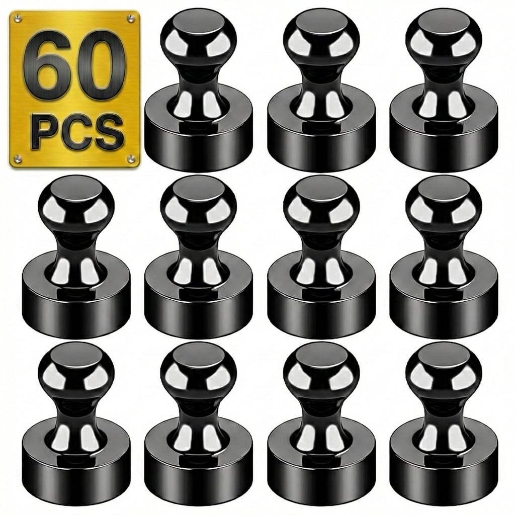 Tiergrade Metallic Magnets, Refrigerator Magnets, 60 Pack Black Magnetic Push Pins, Strong Fridge Magnets, Multi-use Whiteboard Magnets Perfect for Kitchen Office Classroom