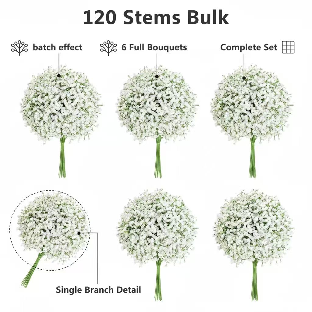 FelineFold 120 Pcs Babys Breath Artificial Flowers, White Babys Breath Flowers Artificial Bulk Real Touch Flowers for Wedding Party Home Garden Decoration