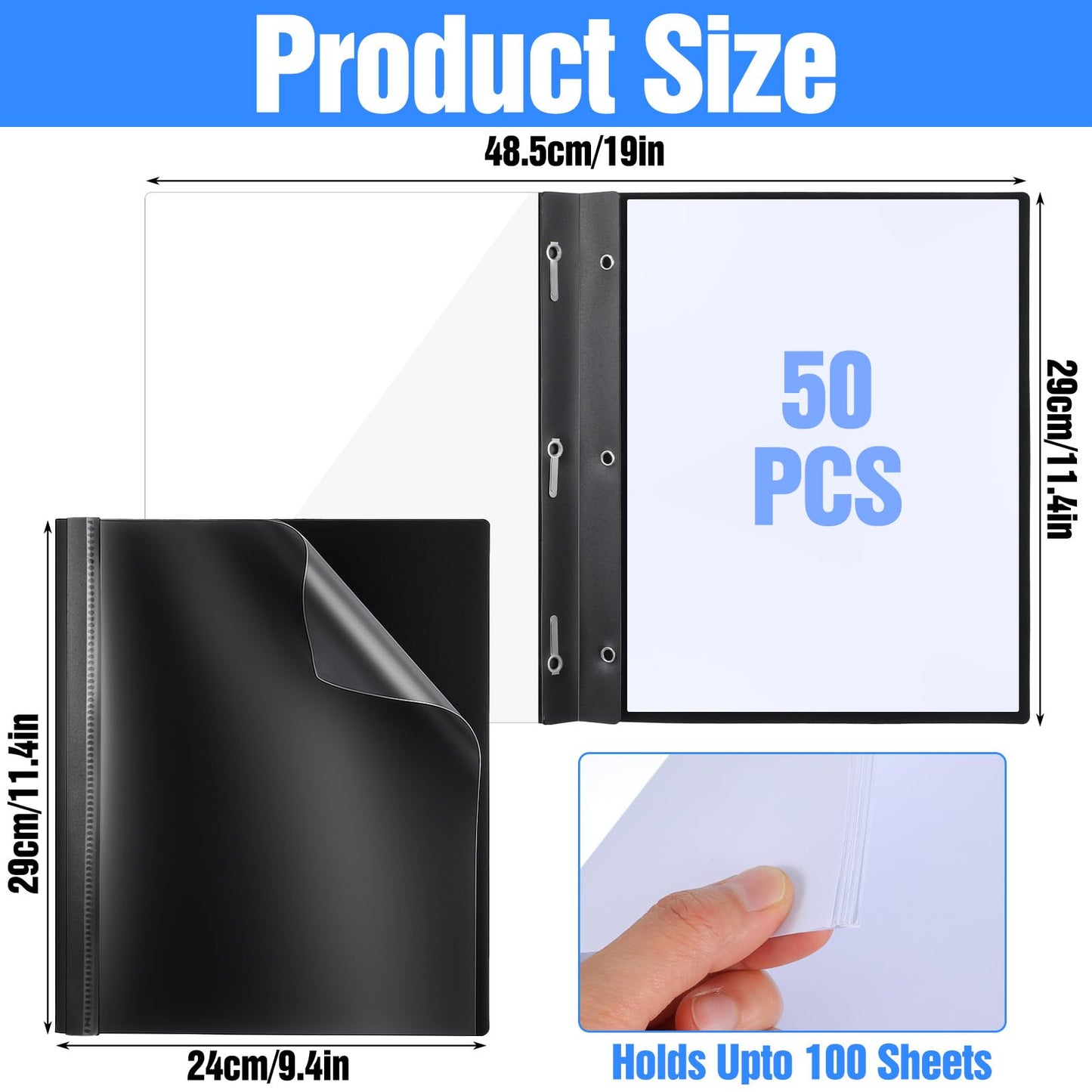50 Pack Plastic Report Covers with 3 Prong Fasteners Clear Front Resume Portfolio Folder 3 Metal Prongs Presentation Folders for Office School (Black)