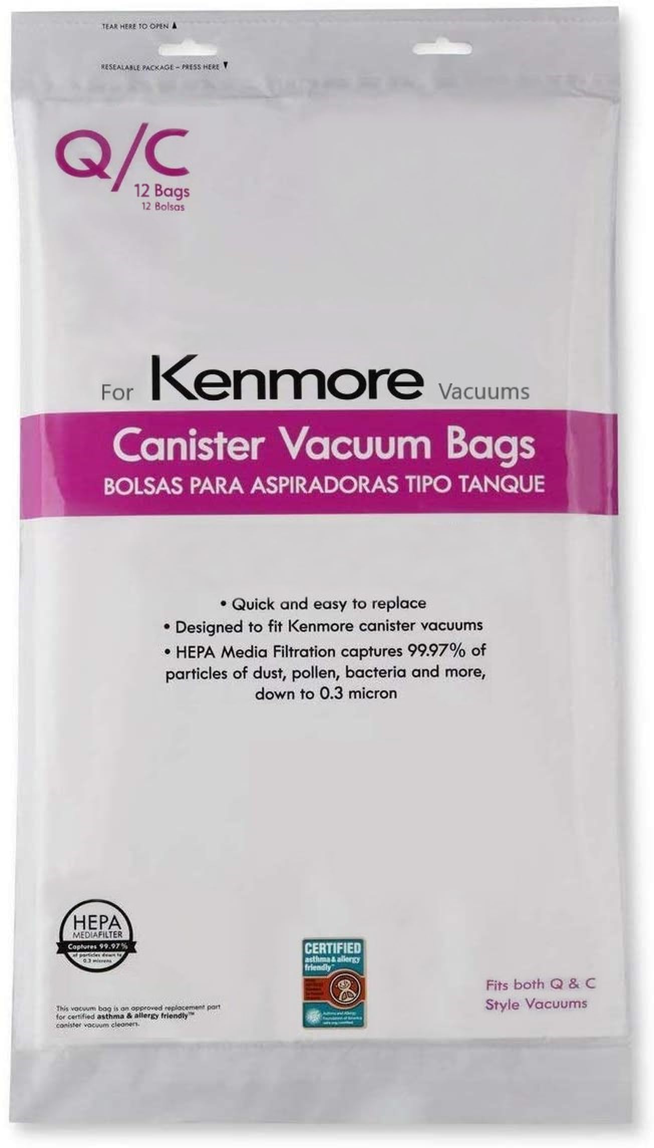 Compatible with Kenmore Canister Vacuum Bags Q/С Type - Models 5055, 50557, 50558, 20-53292, 53291, 200, 400, 700, 800 Series - Pack of 12 Premium Cloth Bags