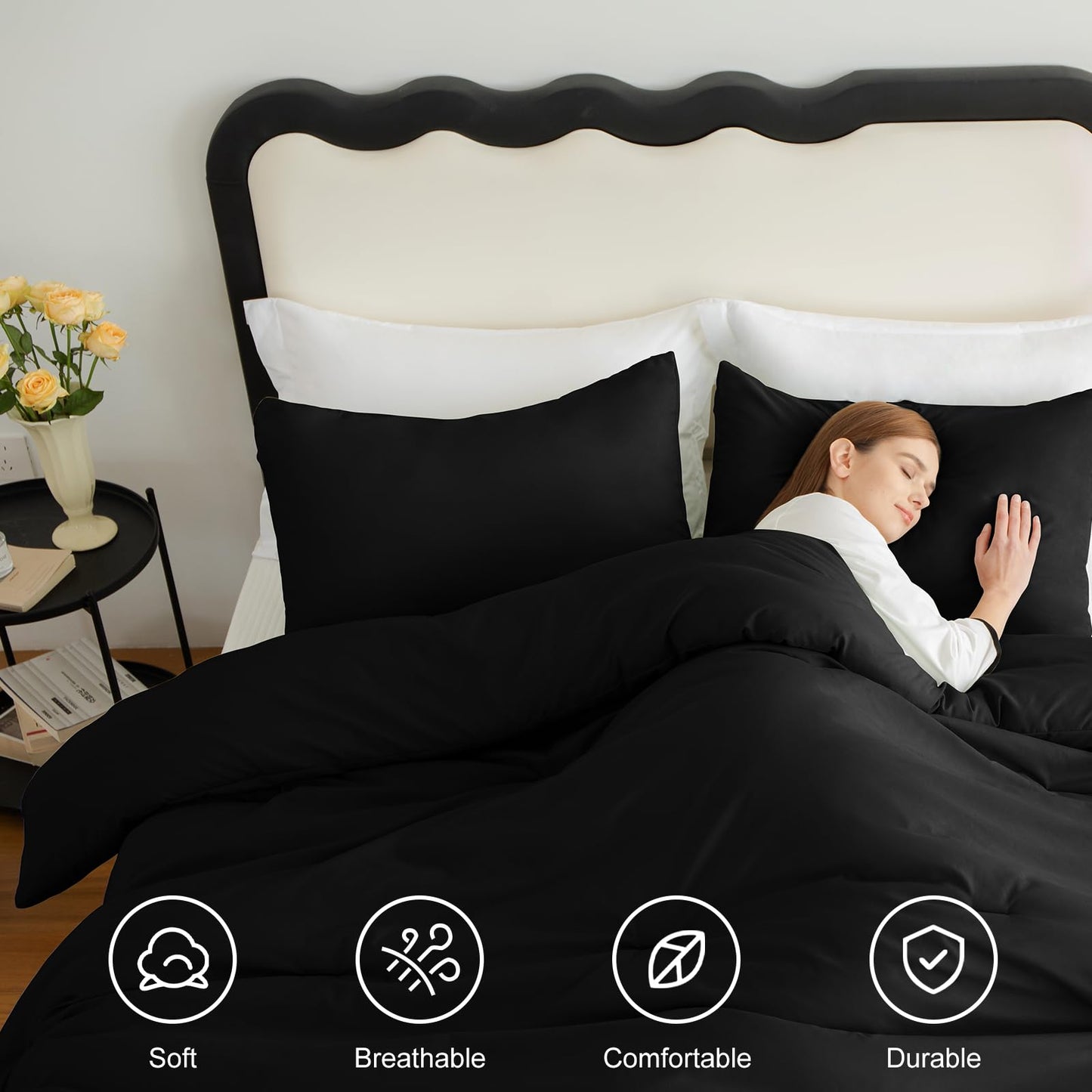 CozyLux King Size Comforter Set Black, 3 Pieces Solid Comforters King Size Breathable Quilted Style Bedding Set, Luxury Soft Microfiber Down Alternative Comforter Bed Set (1 Comforter & 2 Pillowcases)