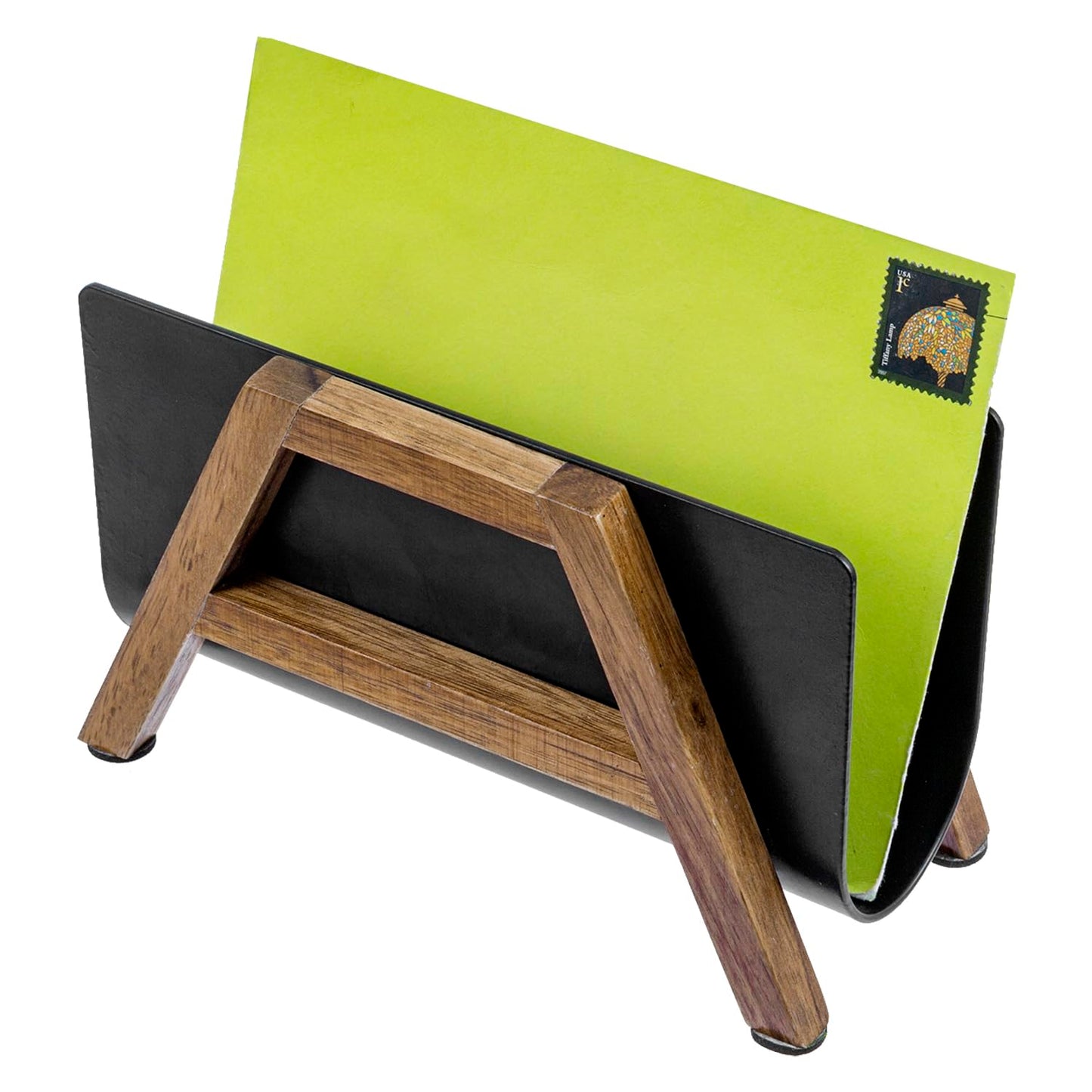 MyGift Modern Desktop Mail Holder, Urban Solid Acacia Wood and Matte Black Metal Tabletop Letter Sorter