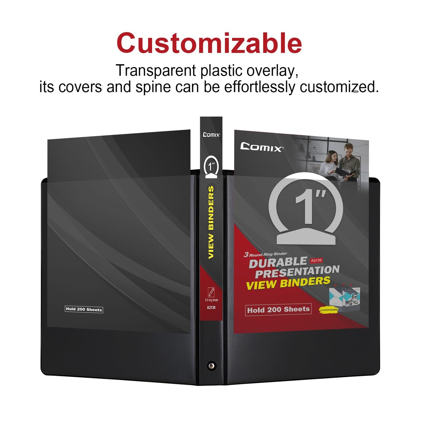 COMIX Sturdy 3 Ring Binder 1 inch with Clear View Cover, 1" Round Ring View Binder, PVC-Free, 2.4mm-Thick, 200 Sheets Capacity of US Letter Size Paper, Office ＆ School Supplies, 8 Pack (Black)