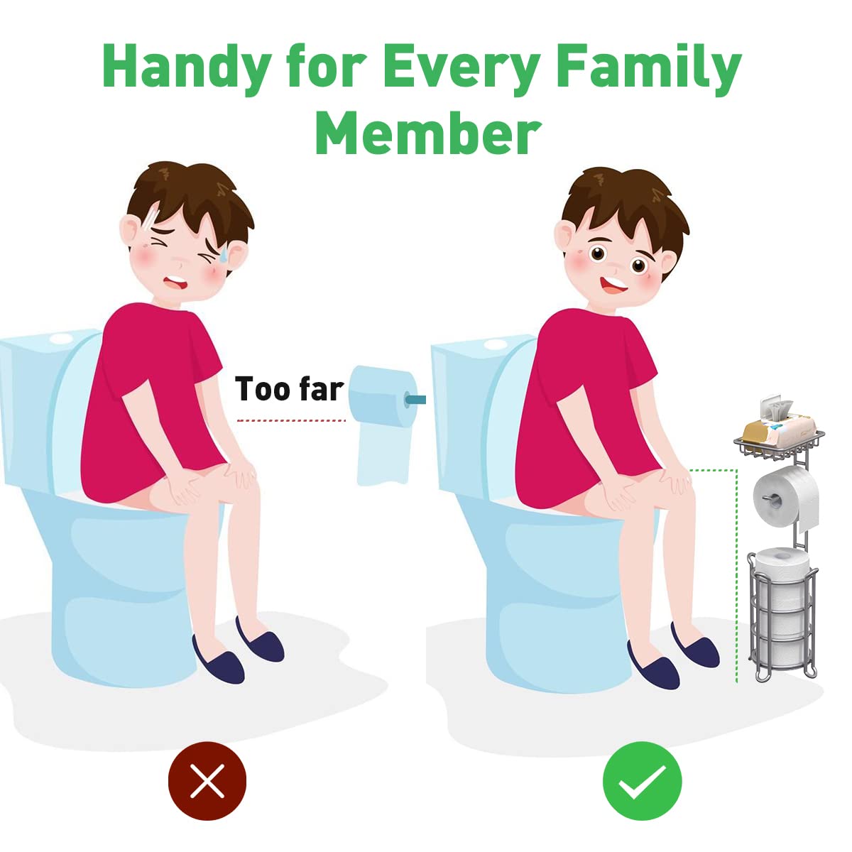 Toilet Paper Holder Stand Bathroom Tissue Dispenser Holders Rack Free Standing with Extra Shelf Storage Mega Rolls/Phone/Wipe - Silver