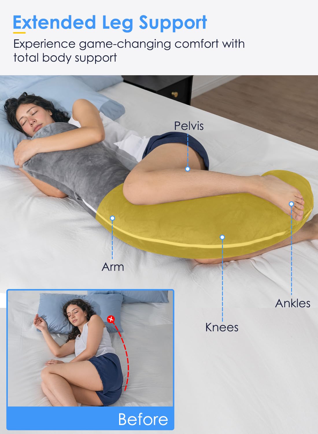 QUEEN ROSE Body Pillow for Side Sleepers, Soft Comfort S Shaped Hug Pillow for Adults, Full Body Support, Velvet Grey