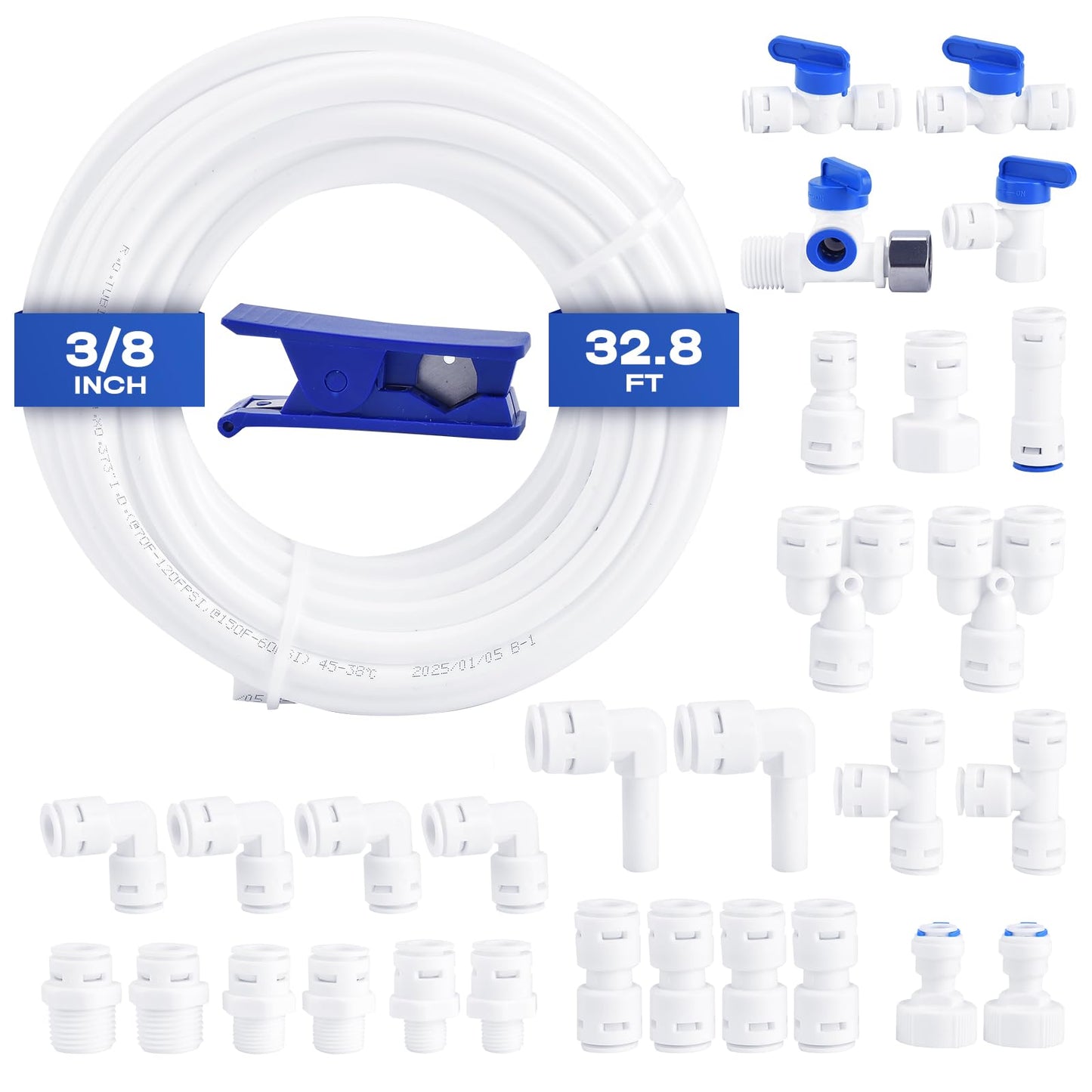 3/8 Water Line, cnaodun with 3/8" OD 32.8ft Water Tubing Reverse Osmosis Quick Connect Fittings Push To Connect Water Tube Fittings for RO Water Filter