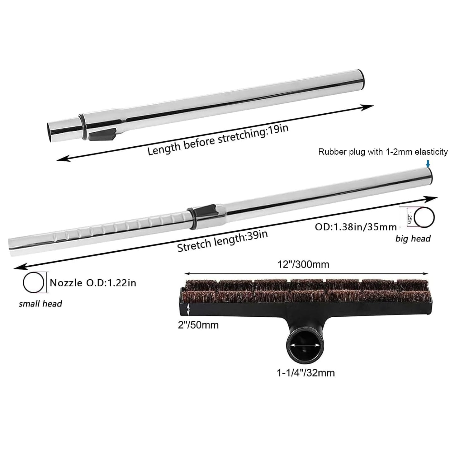 Eagles Hardwood Floor Brush with 1-1/4" Extension Wands Remplacement for Most Vacuum Cleaner Accepting 1-1/4" Attachment-100cm/39inch