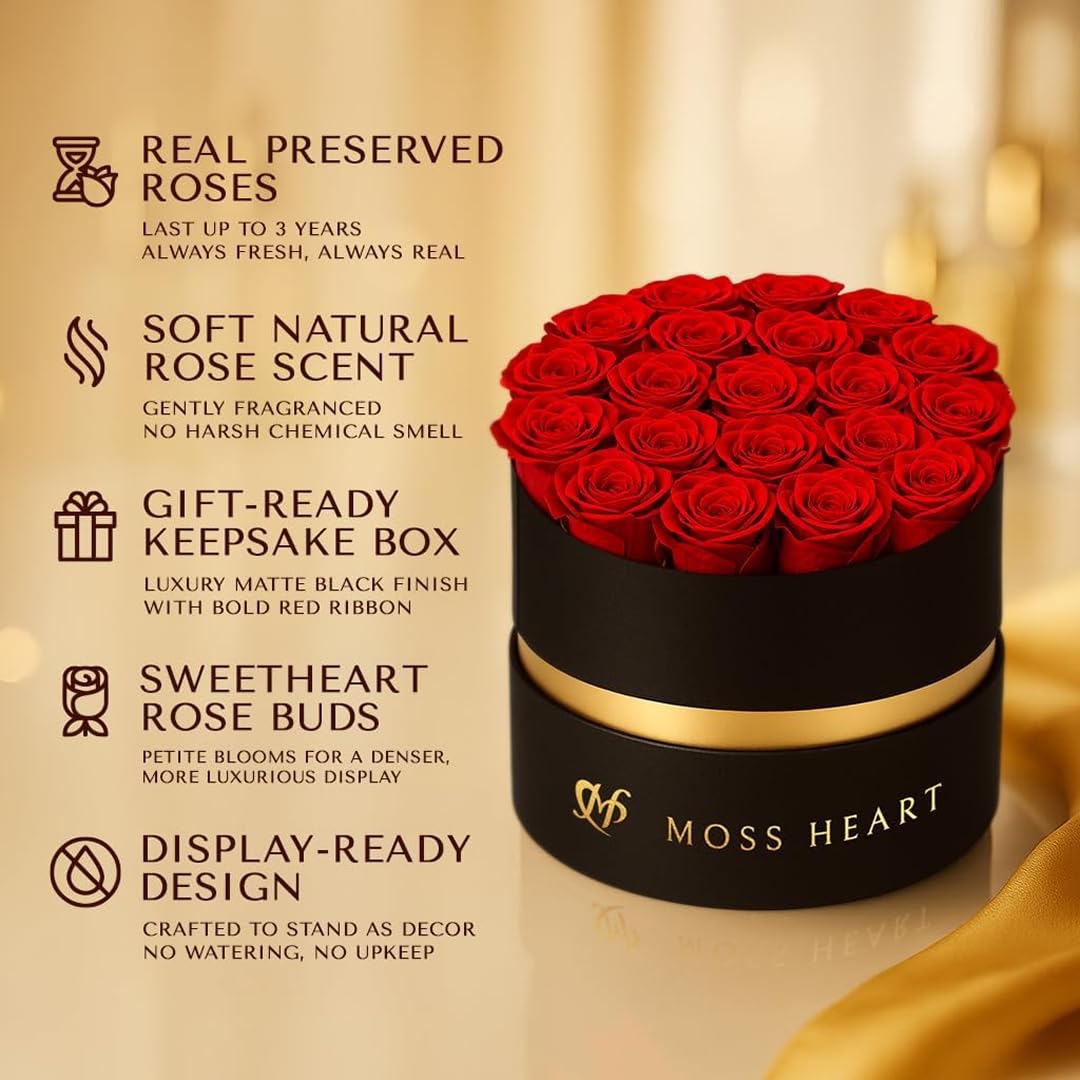 Moss Heart 20 Mini Preserved Roses, Round Luxury Gift Box, Real Forever Roses Last 1+ Year, Premium Romantic Gift for Women, Wife, Girlfriend, Mother’s Day, Birthday, Anniversary, Valentine’s Day