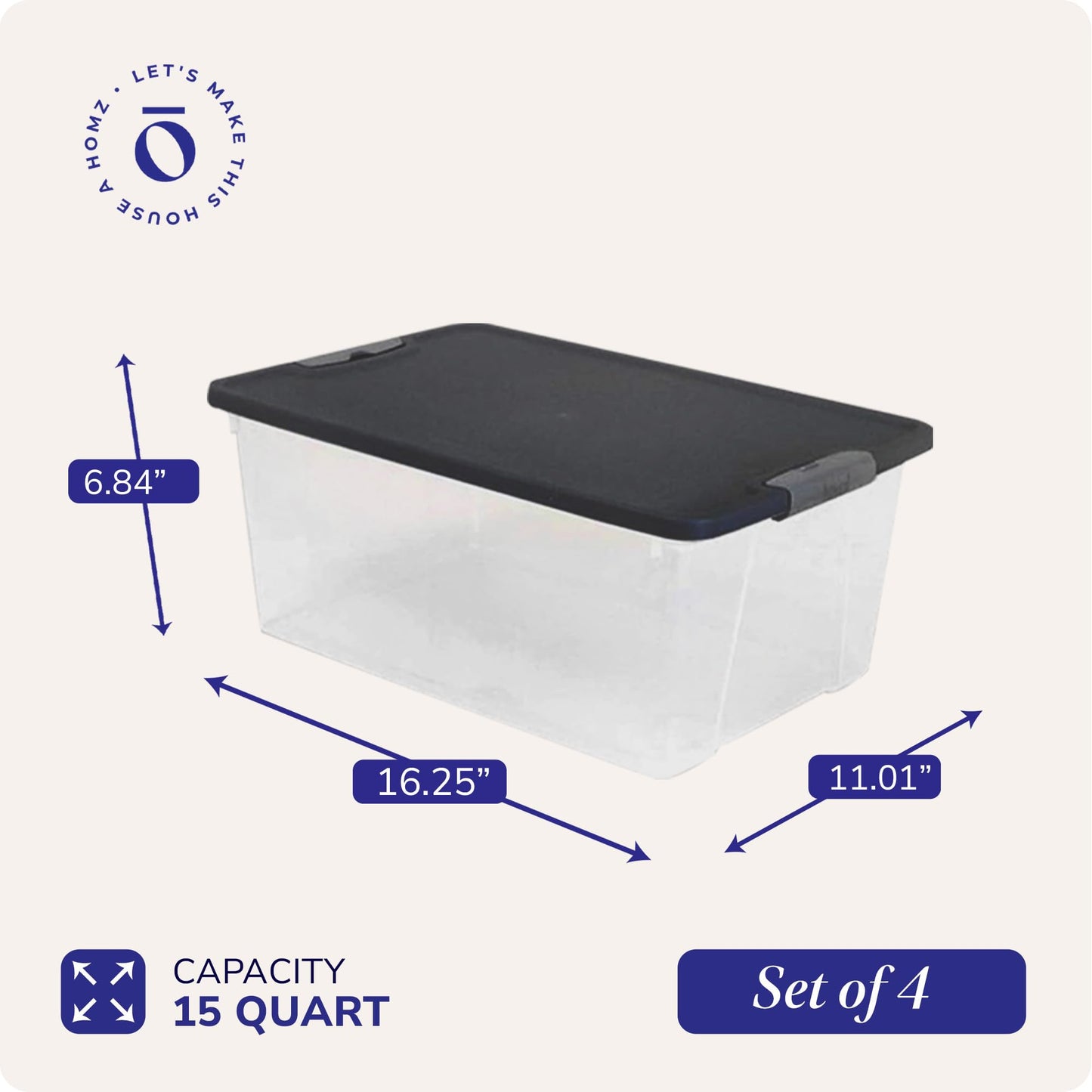 HOMZ 4-Pack Secure Latch, Clear Plastic Storage Organizer Bins, 15 Quart, Gray Lid - Stackable Container Boxes for Bedroom, Bathroom, Garage, and Office Organization