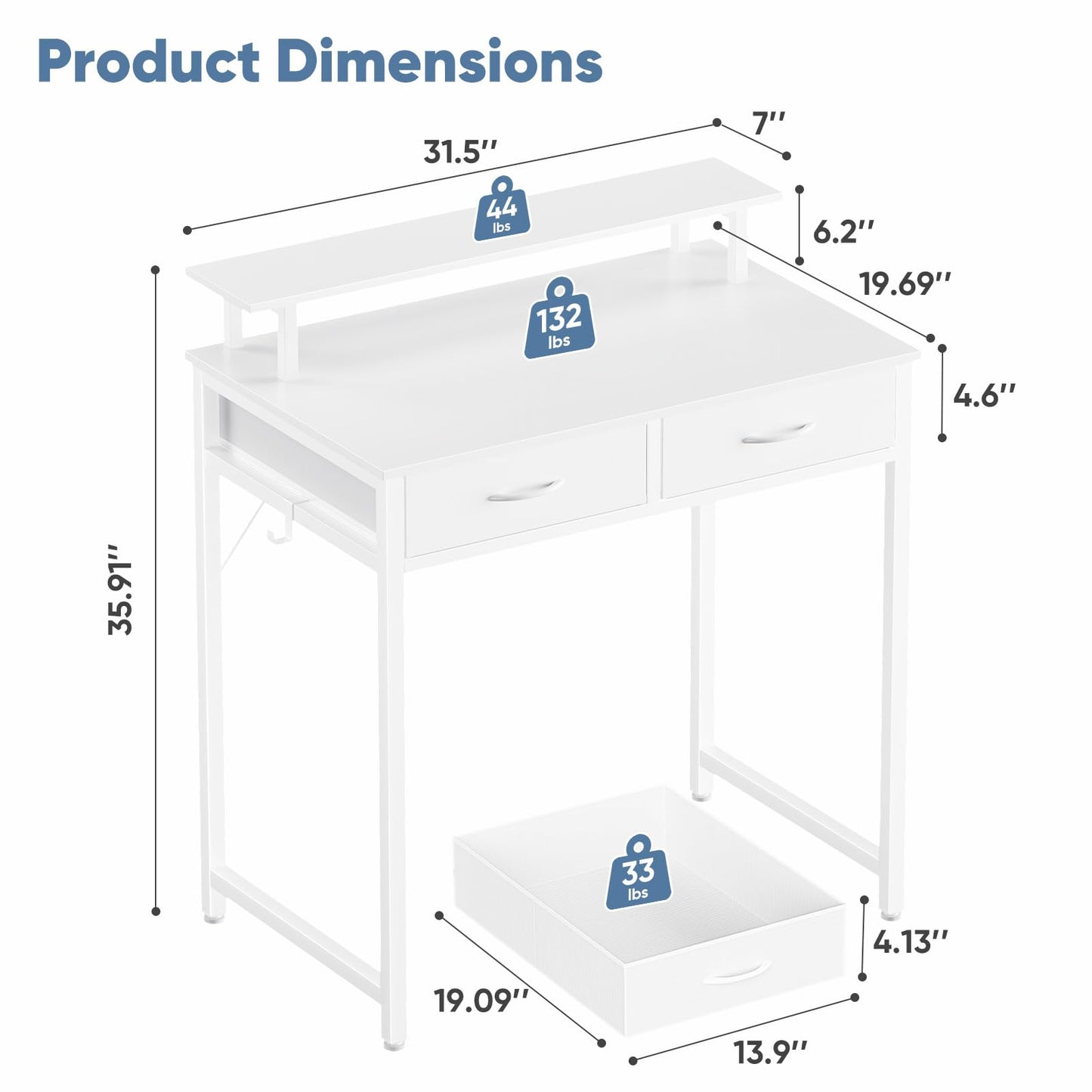 DUMOS 31.5" x 19.7" Compact Computer Desk with Monitor Stand and 2 Drawers, Small Writing Desk with Drawers for Home Office, Study Table for Small Spaces, White