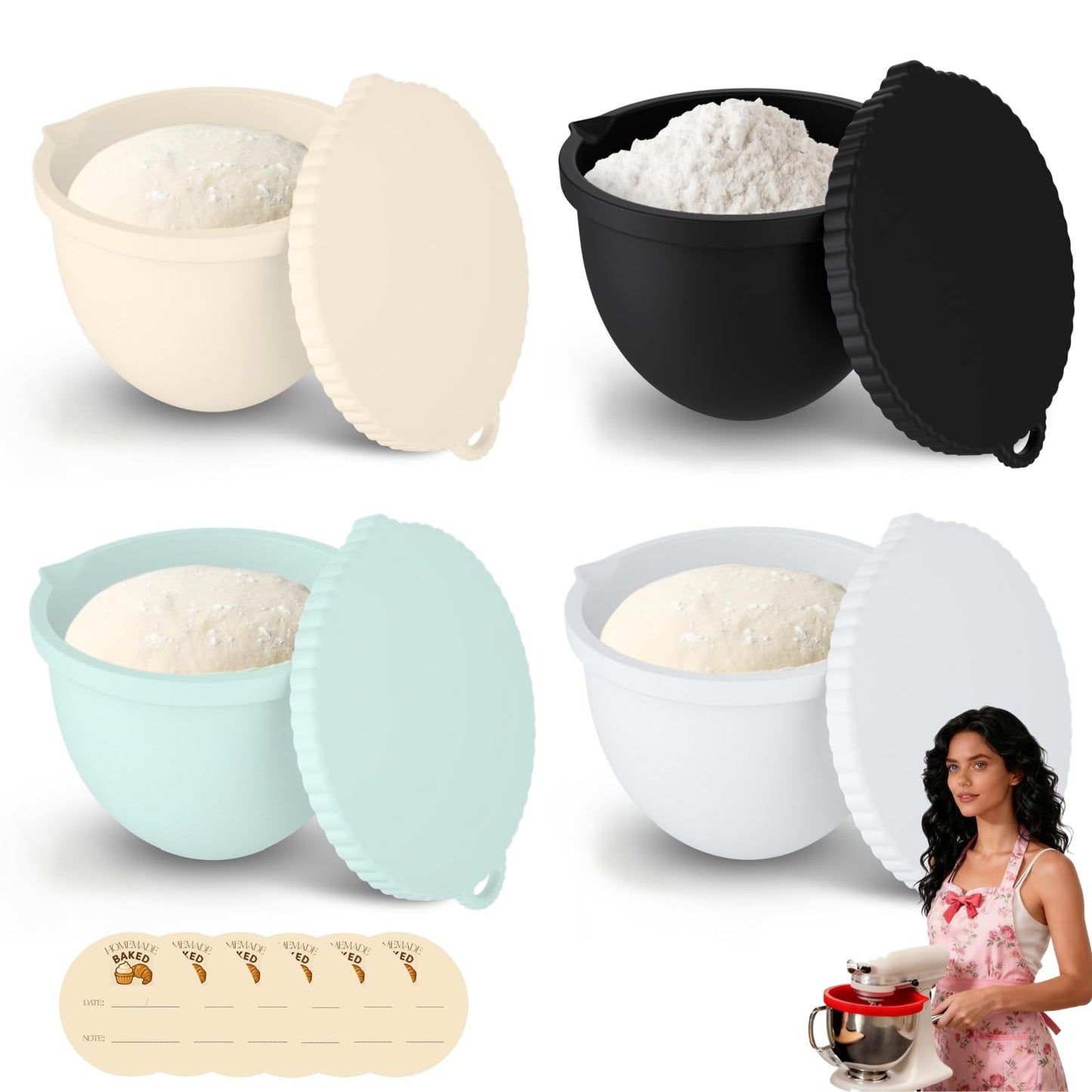 Jorivel 5 Qt 4-Pack Multicolor Silicone Liners with Lids Compatible with KitchenAid Mixer, 2mm Extra-Thick Silicone Bowl Insert for Baking and Cooking, Mixer Parts & Accessories
