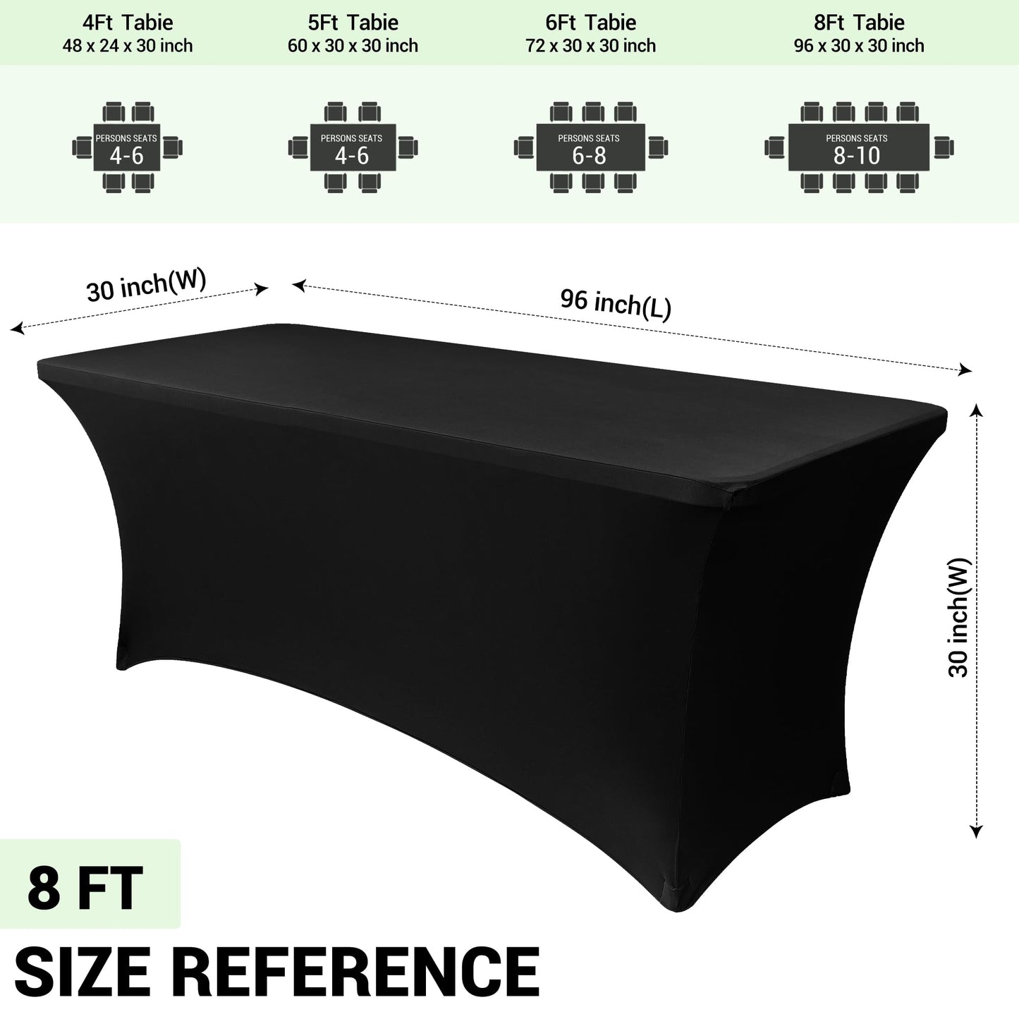 Obstal 8ft Stretch Spandex Table Cover for Standard Folding Tables - 2 Pack Universal Rectangular Fitted Tablecloth Protector for Wedding, Banquet and Party, Black