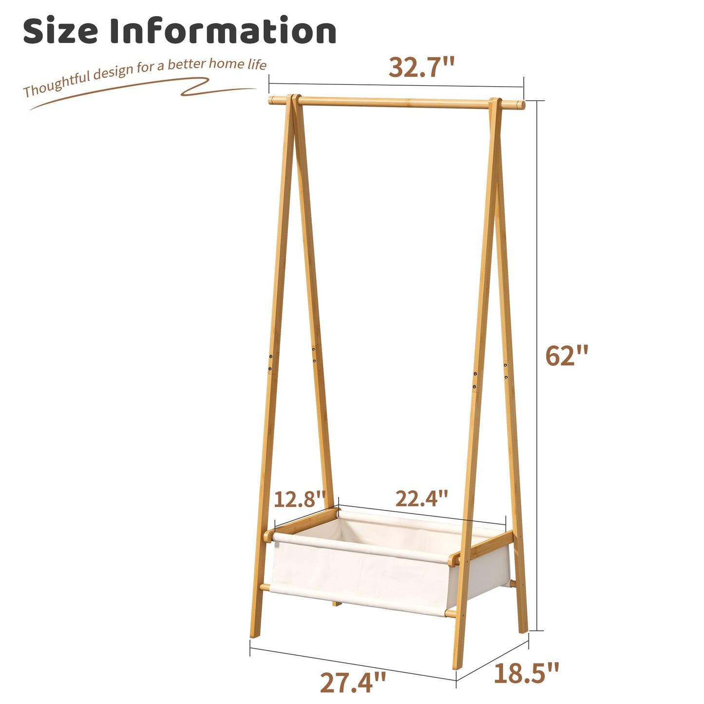 FILWH Bamboo Clothes Rack with Storage Box Foldable Garment Holder Coat Rack Freestanding Coat Stand Child Clothing Stand for Hanging Coat Dress up Racks (Natural, Large)