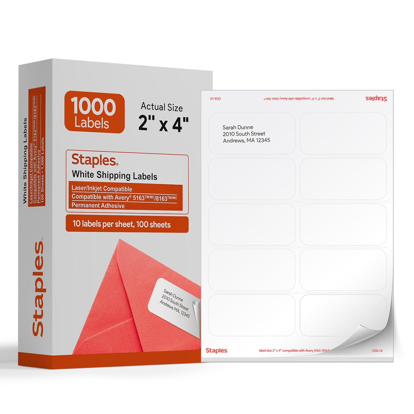STAPLES 2" x 4" Shipping Labels, White – Printable Laser & Inkjet Label Sheets, Easy-Peel Adhesive, 100 Total (10 Labels per Sheet)
