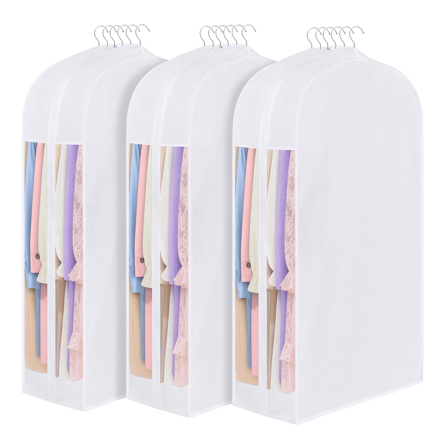 Kntiwiwo 43" Premium Cotton Garment Bag for Hanging Clothes, Breathable Suit Bags for Closet Storage with Extre Large 10" Gusseted & Clear Window, Dust Cover with Zipper for Suits, Jacket, 3 Pack