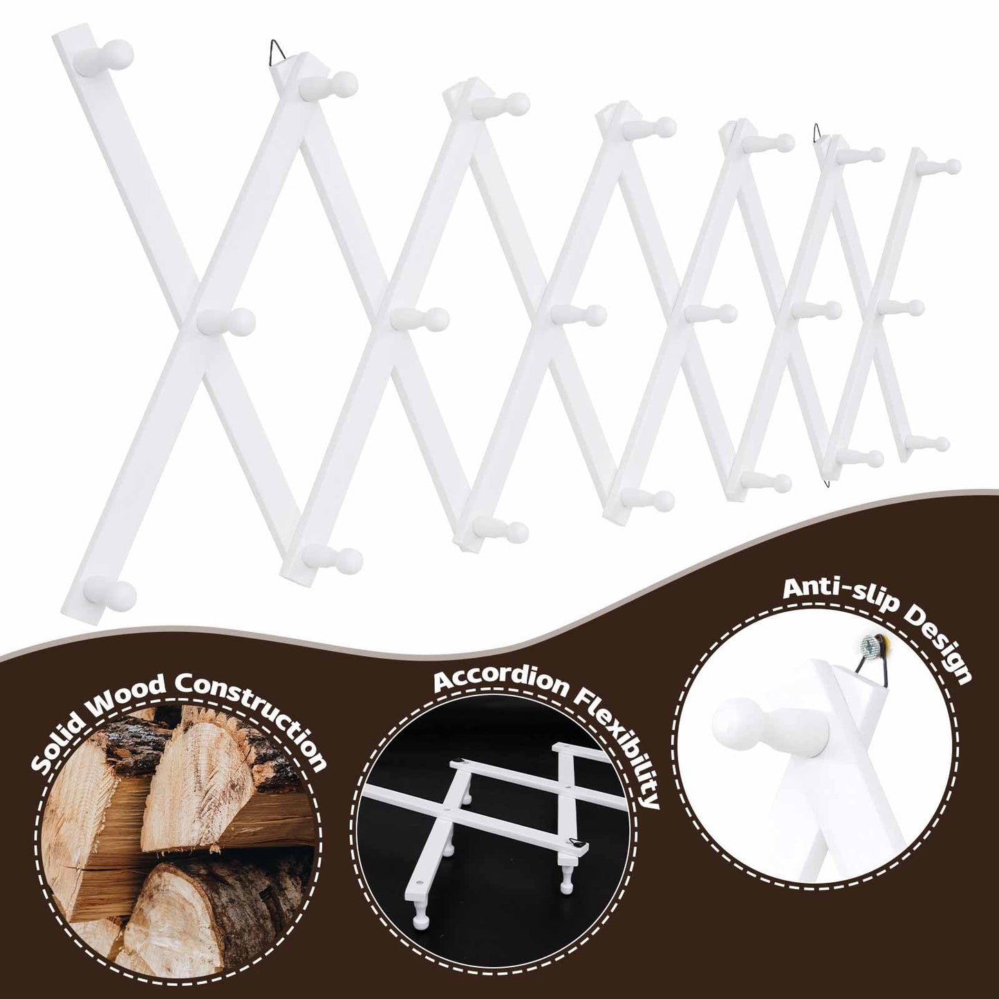 SCUNDA Wall Rack with 20 Hooks, Wooden Wall Expandable Coat Rack for Coat, Hats, Baseball Caps, Coffee Mug, Jewelry(White)