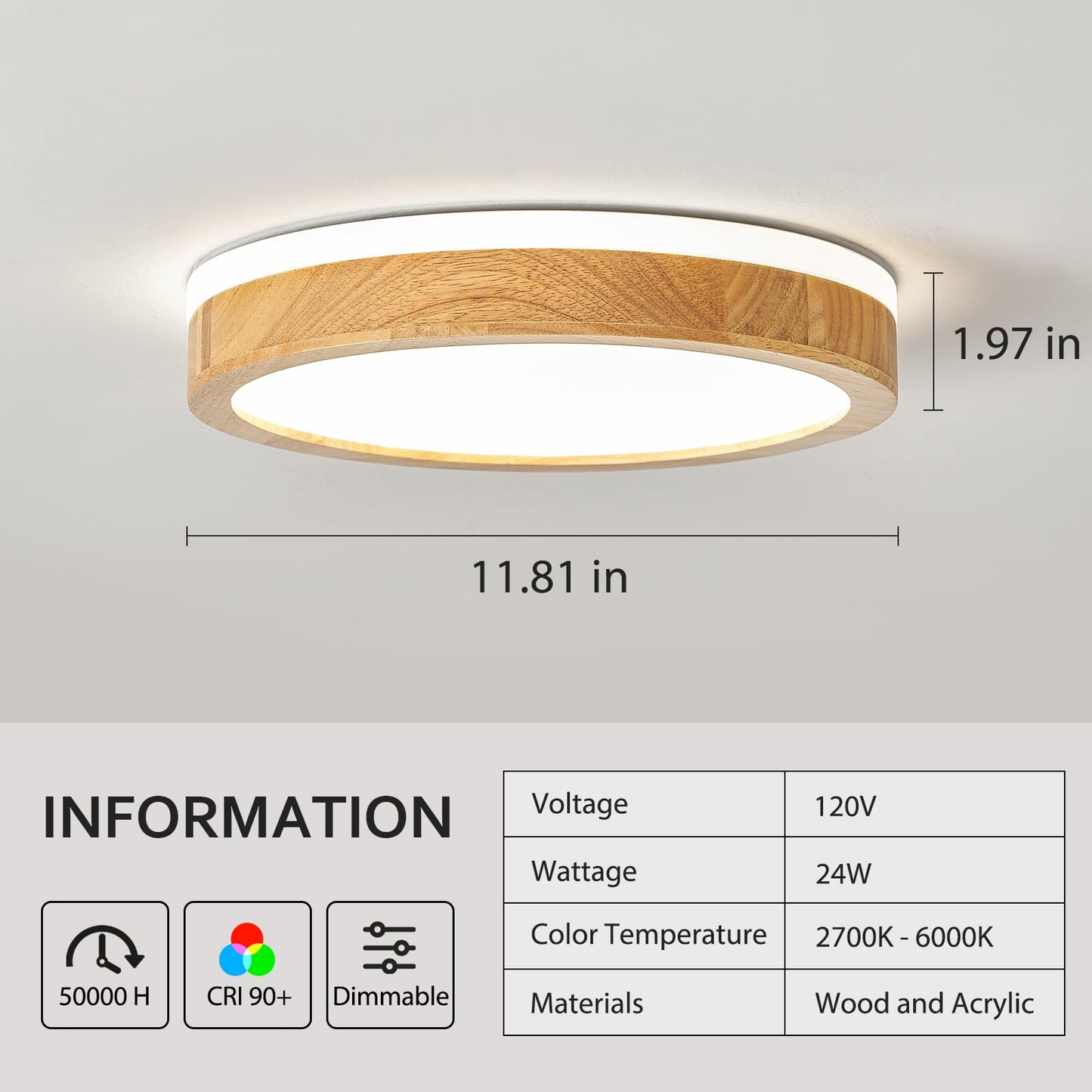 Pevfah Modern Dimmable Wood Flush Mount Ceiling Light, 2700K-6000K 5CCT Round Close to Ceiling Lighting Fixtures, Minimalist LED Ceiling Lamp for Bedroom, Kitchen, Hallway, Laundry Room-11.81in