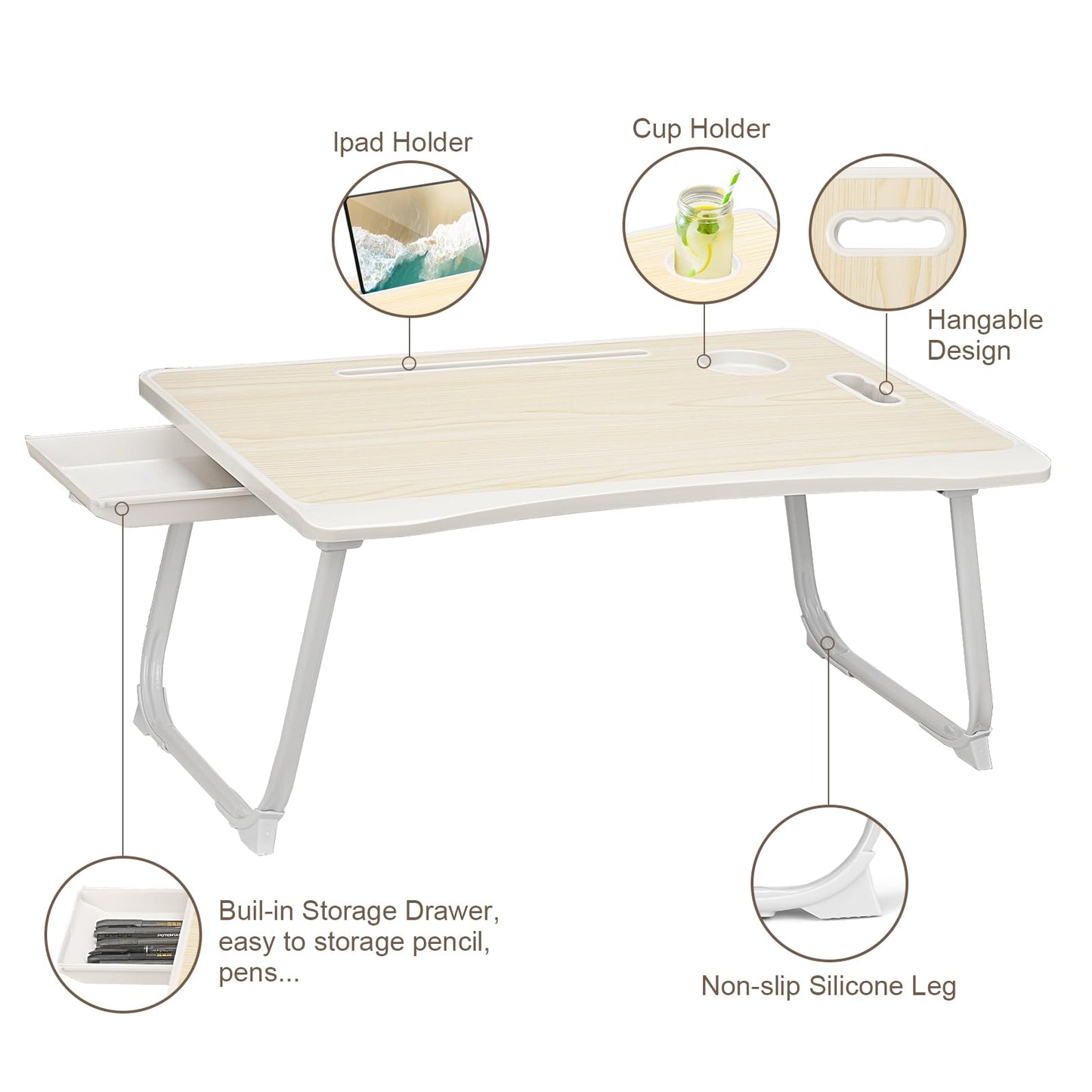 Amaredom Laptop Bed Desk Tray Bed Table, Foldable Portable Lap Desk Notebook Stand Reading Holder with Storage Drawer and Cup Holder for Eating Breakfast on Bed/Couch/Sofa-White Maple
