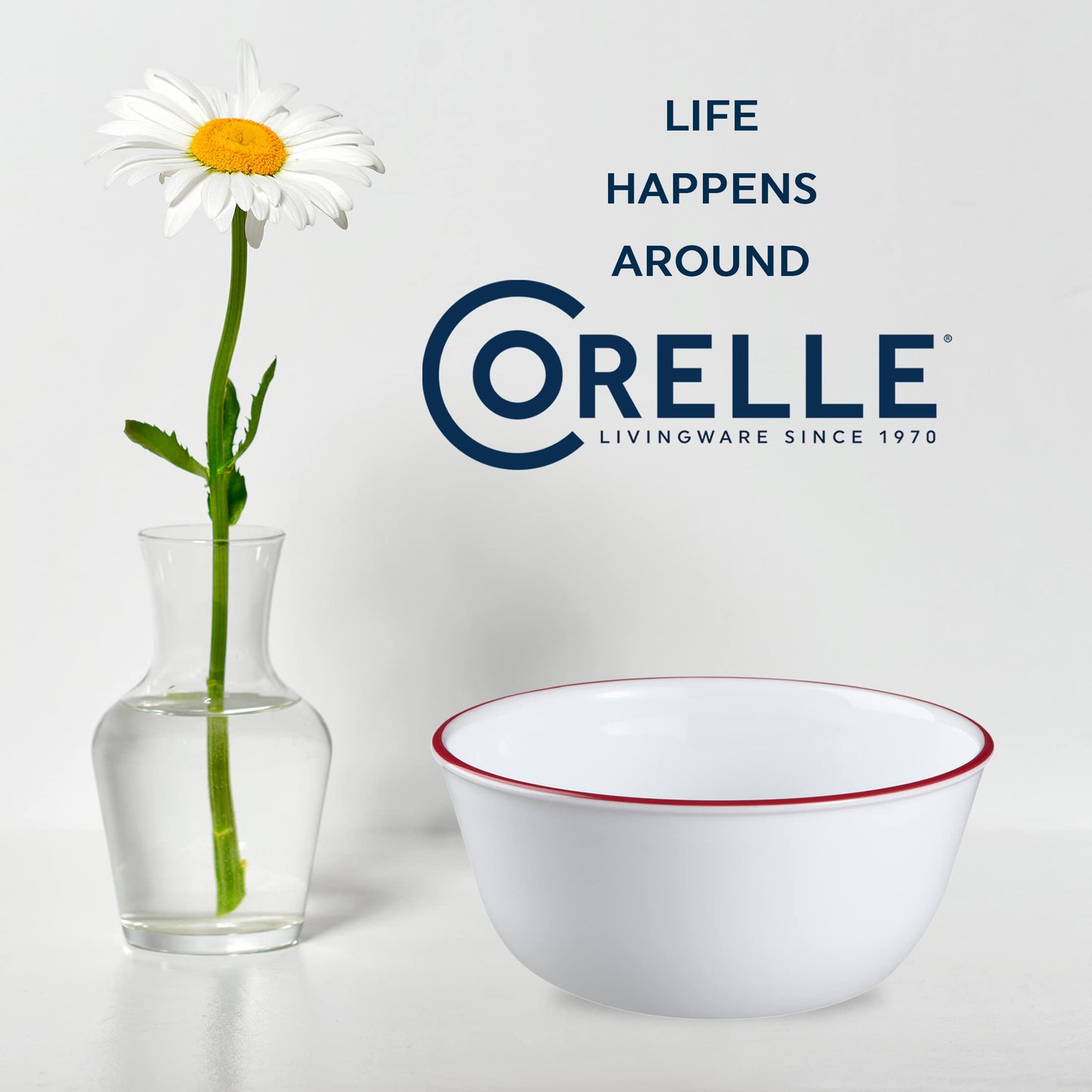 Corelle Vitrelle Glass 6-PC Bowls Set, For Soup Cereal & Dessert, Chip-Resistant & Lightweight Bowl Dinnerware Set, Red Banded 28 OZ