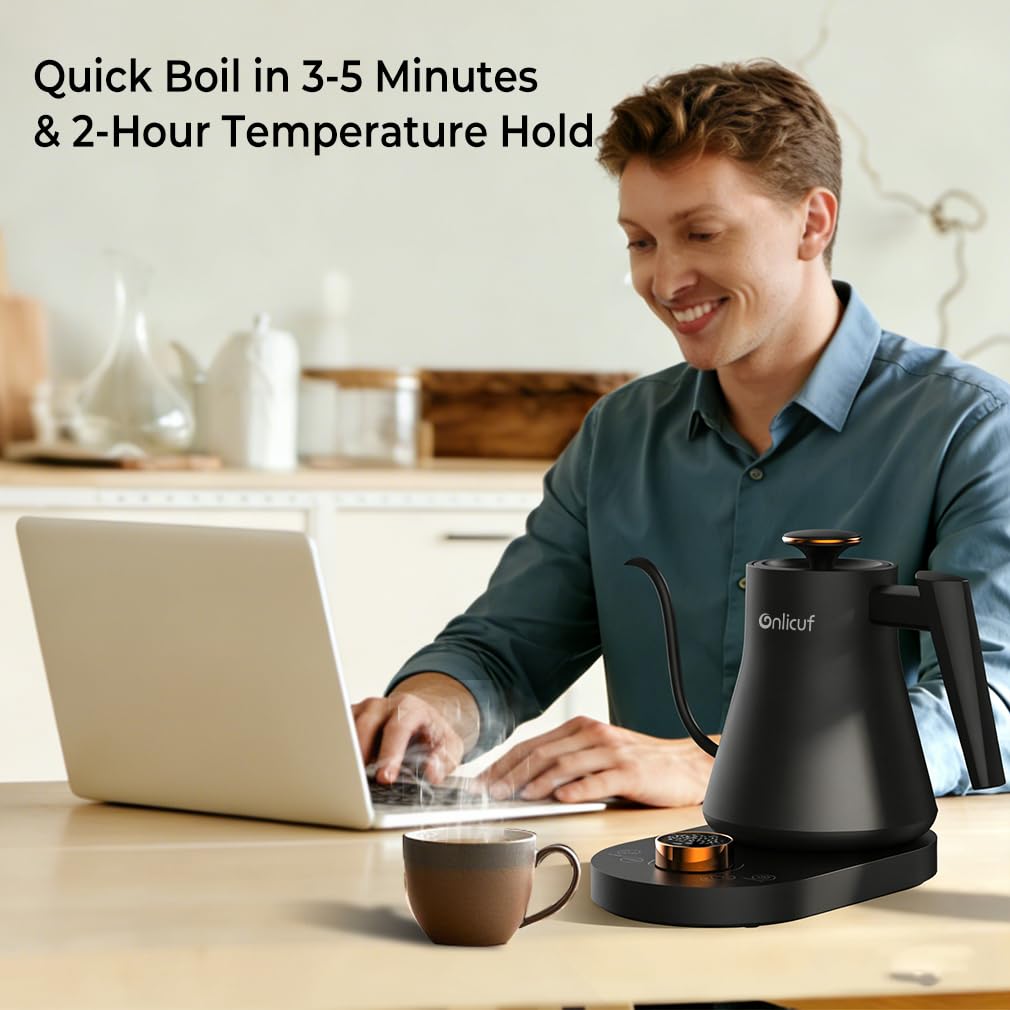 Onlicuf Electric Gooseneck Kettle with Temperature Control, 0.8L Pour Over Coffee, ±1°F Precision Heating, 7 Presets, Stainless Steel Inner, Electric Tea Kettle with 2H Keep Warm, Matte Black