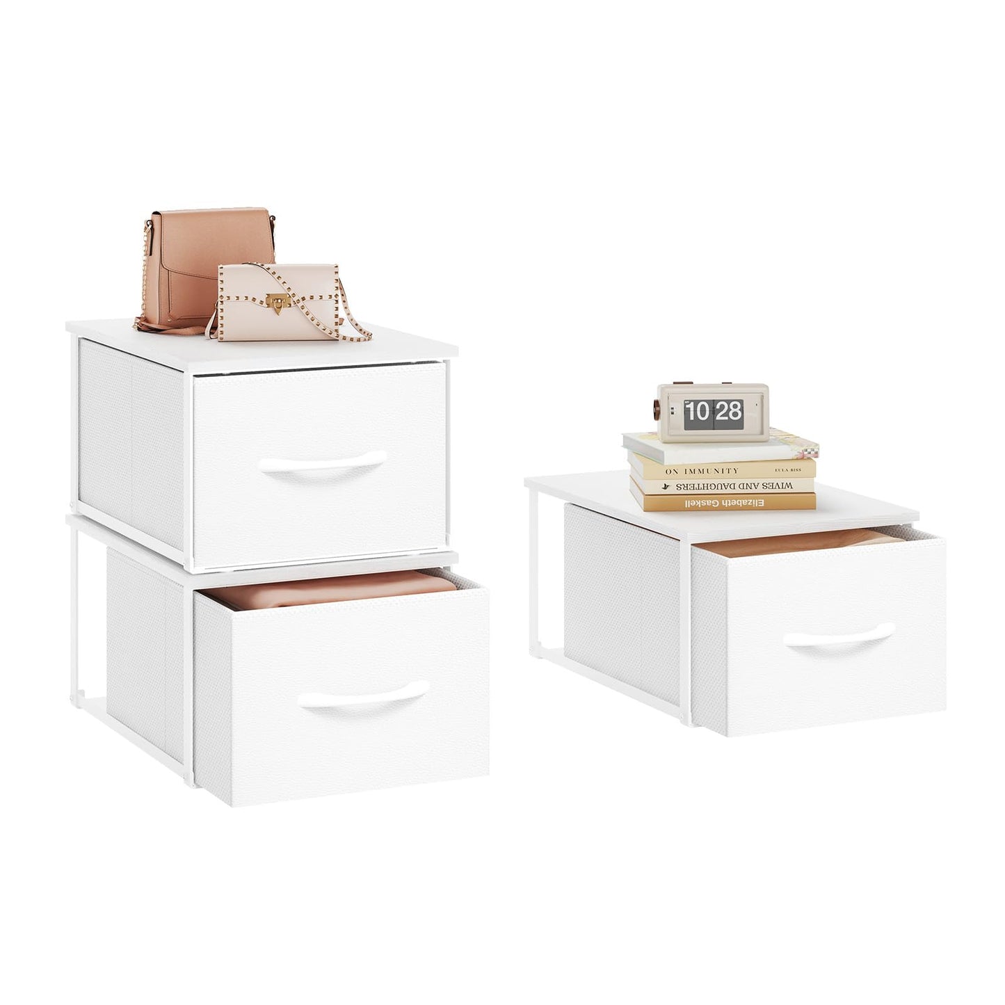 X-cosrack 3 Packs Individual Stackable Storage Drawers with Wood Top for Closet, Small Stacking Closet Organizer with Drawers, Metal Frame 3 Fabric Storage Drawer Bins for Bedroom, Under Bed, White