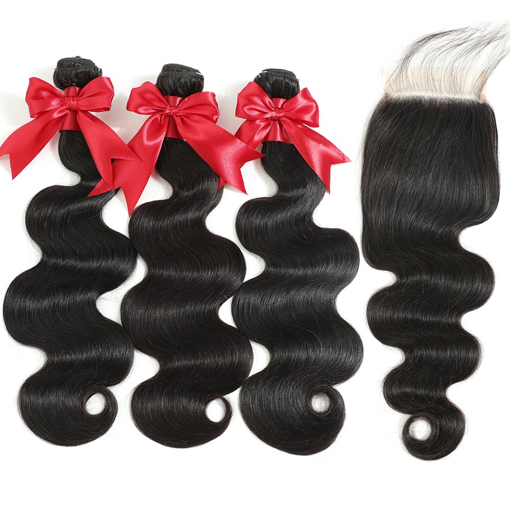 12A Human Hair Bundles with Closure 20 22 24 with 18 Inch Brazilian Body Wave Bundles Human Hair with Closure 100% Unprocessed Virgin Human Hair Weave 3 Bundles Deals with 4x4 HD Lace Closure
