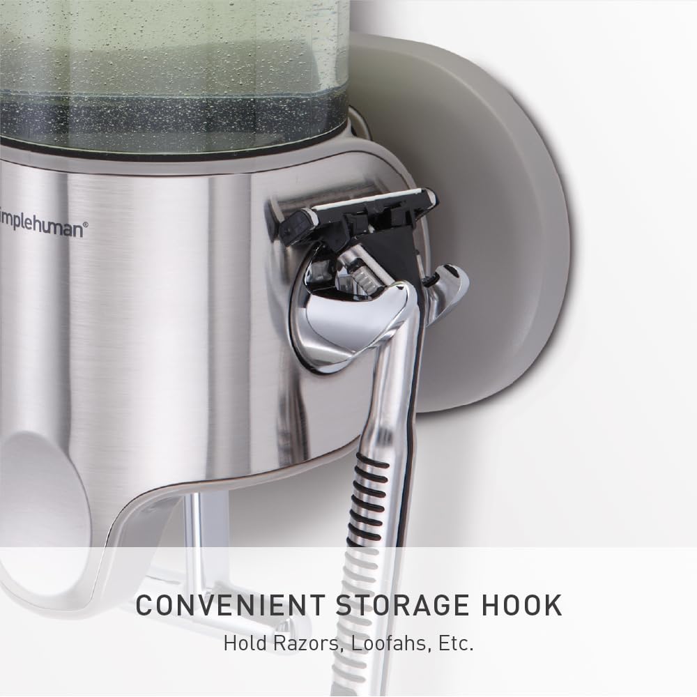 simplehuman Single Wall Mount Pump, Hotel-Grade Refillable Shower Soap Dispenser, Ergonomic T-Bar Lever, No-Drill Adhesive Install, for Bathrooms, Hotels, and Airbnbs, Stainless Steel