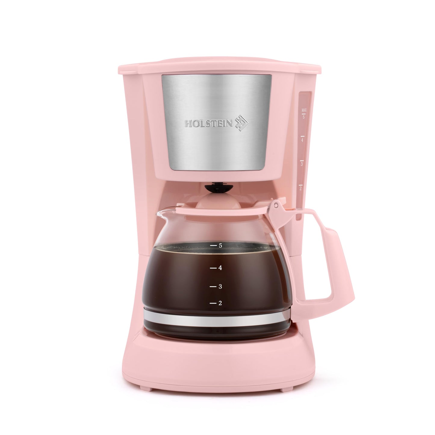 Holstein Housewares 5 Cup Drip Coffee Maker – Compact and User-Friendly with Auto Pause & Serve, Reusable Filter, Measuring Spoon & Glass Carafe, Office & Dorm Use, Pink
