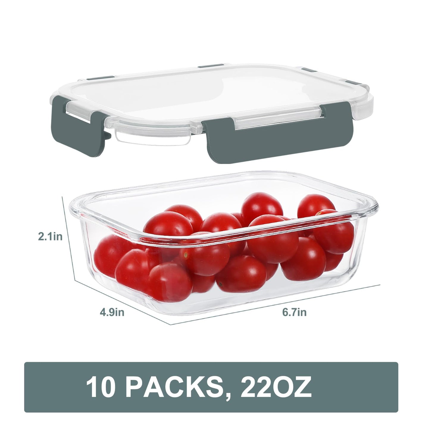 KOMUEE 10 Packs 22 oz Glass Meal Prep Containers, Glass Food Storage Containers with Lids, Airtight Lunch Boxes BPA Free, Microwave and Freezer Safe