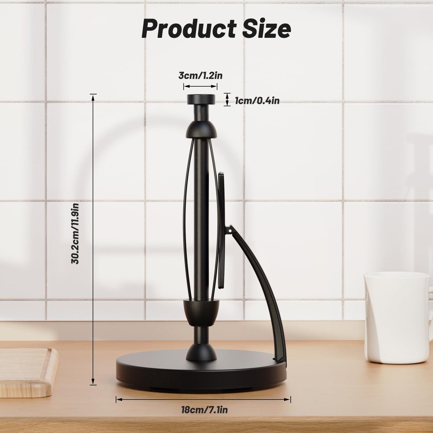 VEHHE Paper Towel Holder Countertop, Black Paper Towel Holder with Spring Activated Arm and Damping Effect, Simply Tear Paper Towel Stand for Bathroom and Kitchen (Black)