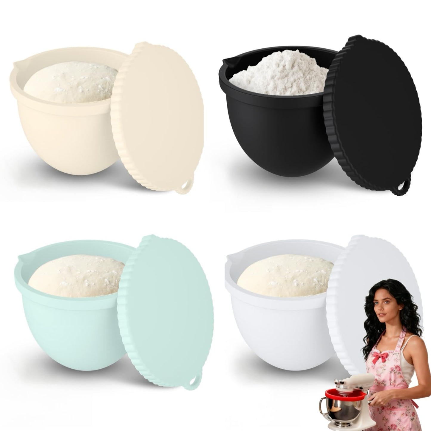 Jorivel 5 Qt 4-Pack Multicolor Silicone Liners with Lids Compatible with KitchenAid Mixer, 2mm Extra-Thick Silicone Bowl Insert for Baking and Cooking, Mixer Parts & Accessories