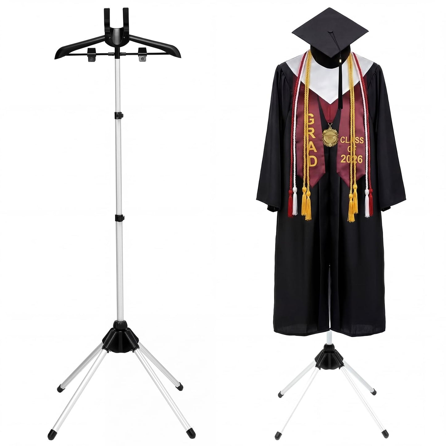 Bucherry Graduation Gown Display Stand Adjustable Garment Hanger for T Shirt Portable Hanging Metal Clothes Stand for Cap Clothing Jacket Coat Shirt Display (Rack,Silver and Black,32"-63")