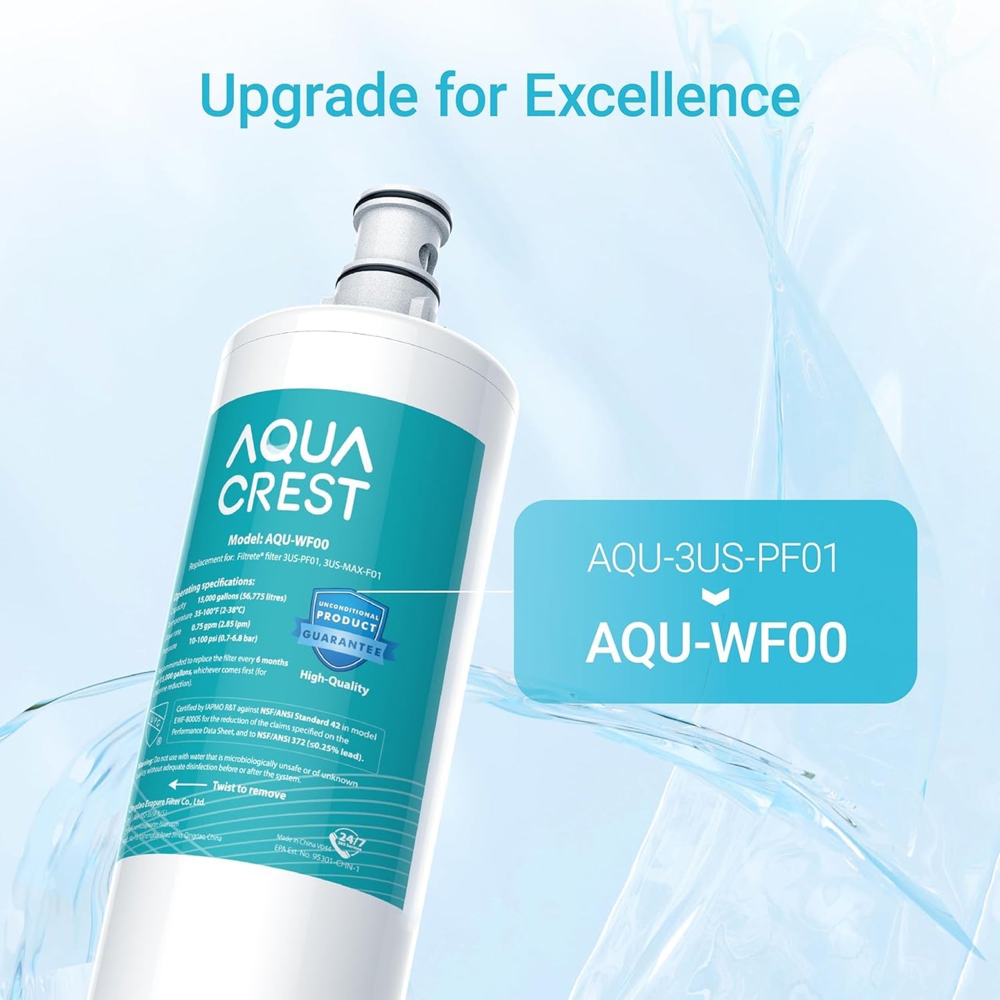 AQUA CREST 3US-PF01 Under Sink Water Filter, Replacement for Standard Filtrete® 3US-PF01, 3US-MAX-F01H, 3US-PF01H, Delta RP78702, Manitowoc K-00337, K-00338, HF20 HF25 HF27, NSF 42 Certified, 2 Pack
