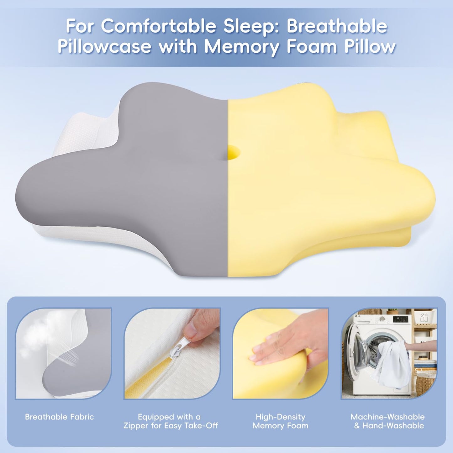 Missleep Cervical Neck Pillow, Memory Foam Pillows for Neck & Shoulder Pain Relief, 2 Heights Ergonomic Pillow with Breathable Ice Silk Cover, Neck Support Pillow for Stomach Sleepers Grey