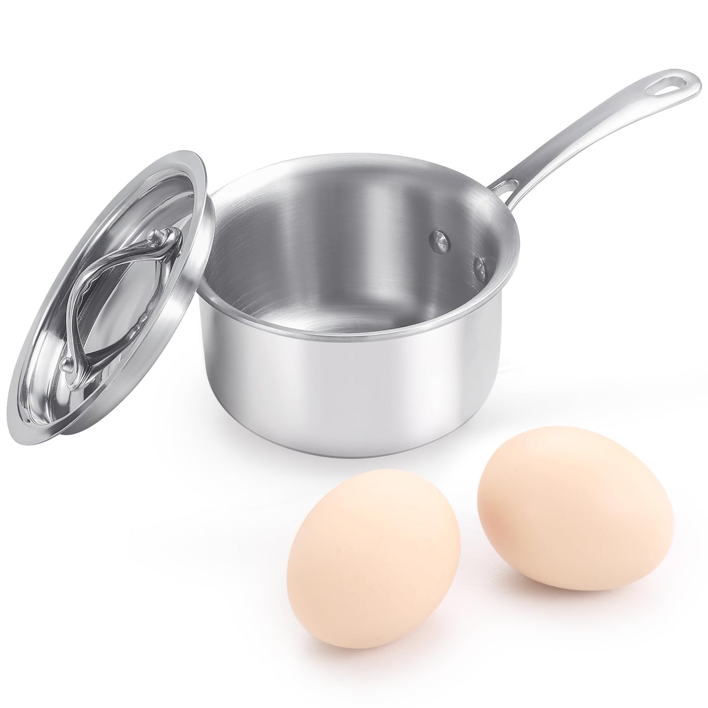 KC-Emier Mini Sauce Pan with Lid, Tri-Ply Stainless Steel Pot with Stay-Cool Handle & All Cooktop Compatibility (Gas, Ceramic, Electric) - Silver