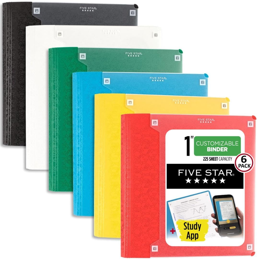 Five Star 3-Ring Binder + Study App, 6 Pack, 1 Inch Binder with D Rings and Customizable Clear View Cover, 225 Sheet Capacity, Assorted Colors (261440-23)