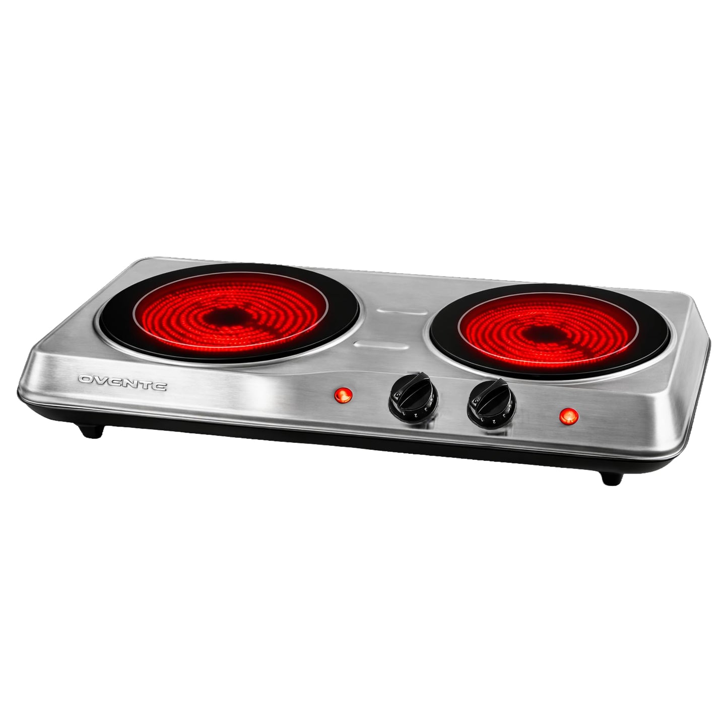 OVENTE Countertop Infrared Double Burner, 1700W Electric Hot Plate and Portable Stove with 7.75" and 6.75" Ceramic Glass Cooktop, 5 Level Temperature Setting and Easy to Clean Base, Silver BGI102S